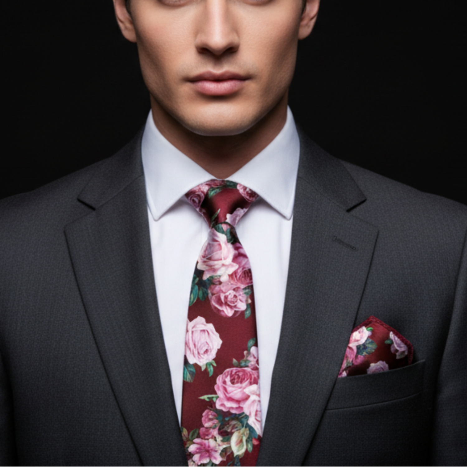 Man wearing a gray suit with a floral tie and pocket square on a black background