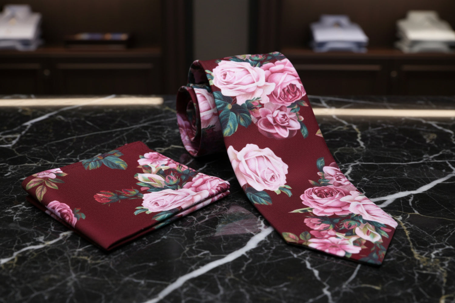 Alt View: Deep Red Wine Vase of Flowers Tie and Matching Pocket Square