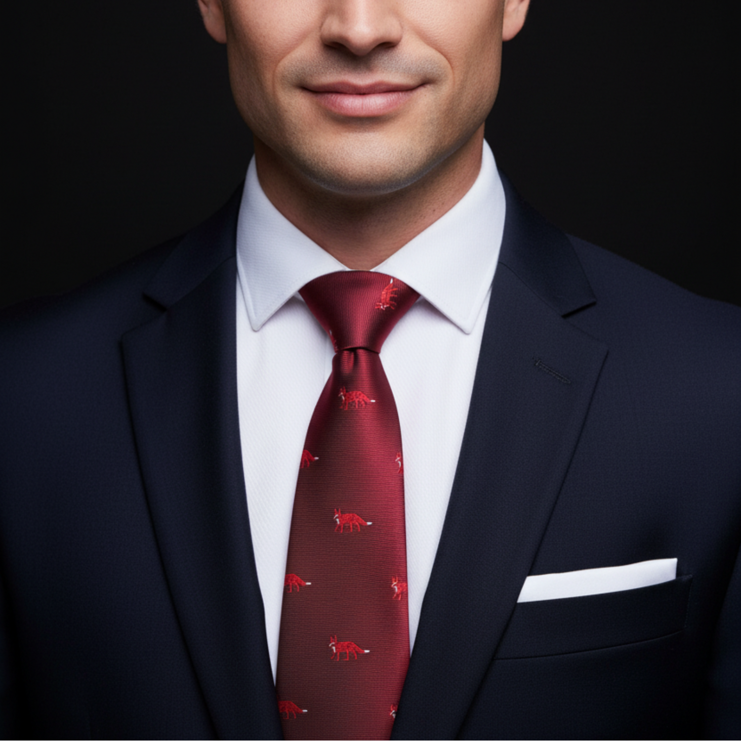 Red Fox Thin Tie and White Square on man