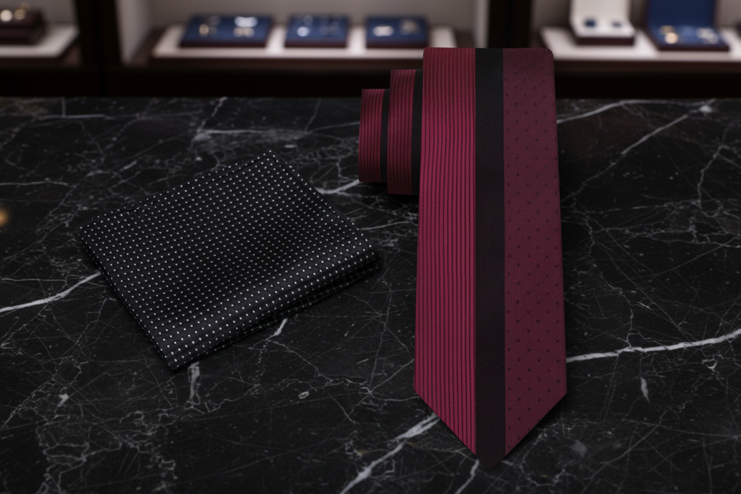 Alt View: Burgundy and Black Lined Necktie and Black Square