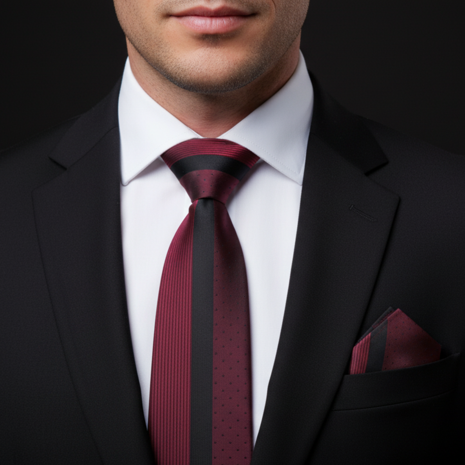 Red, Black lined Tie and Square on man
