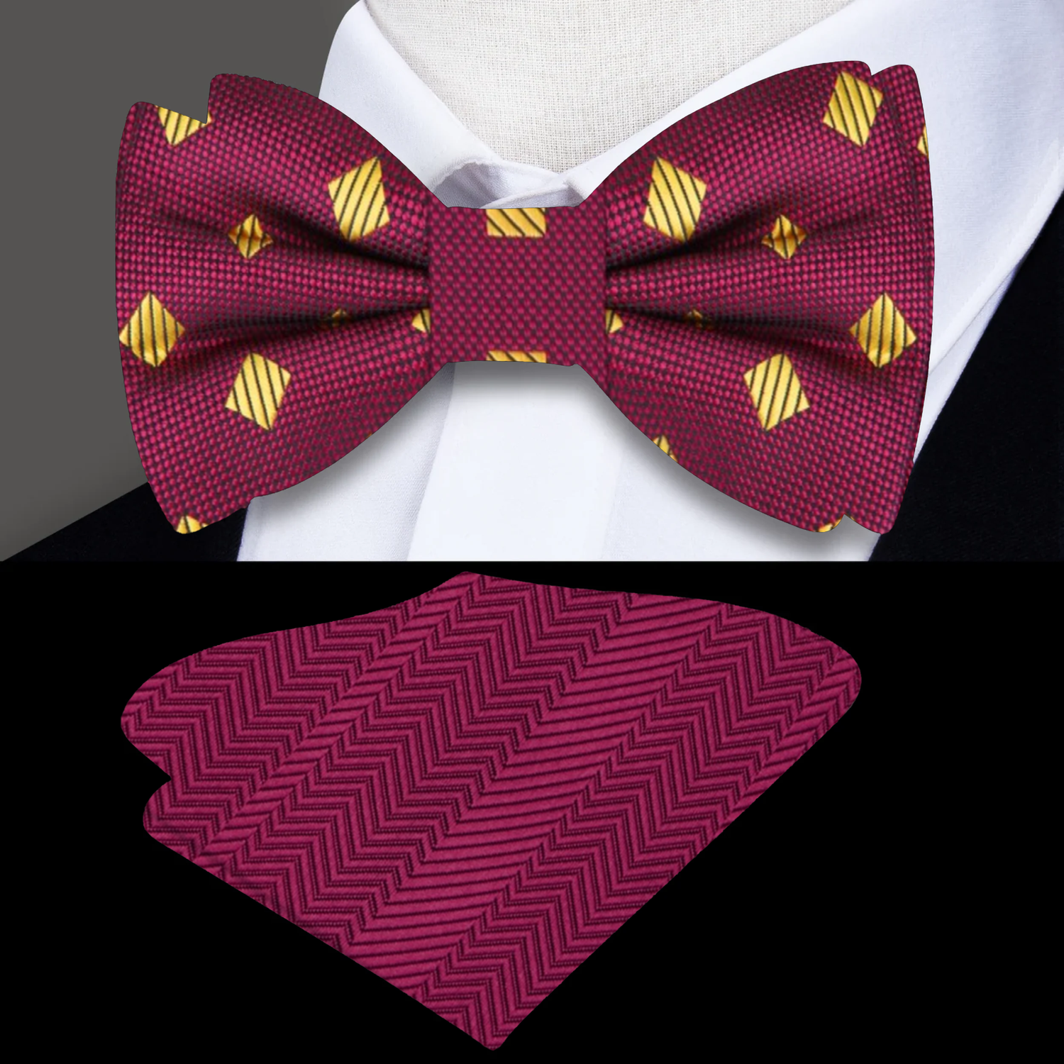 deep red with yellow gold squares bow tie and rosewood pocket square