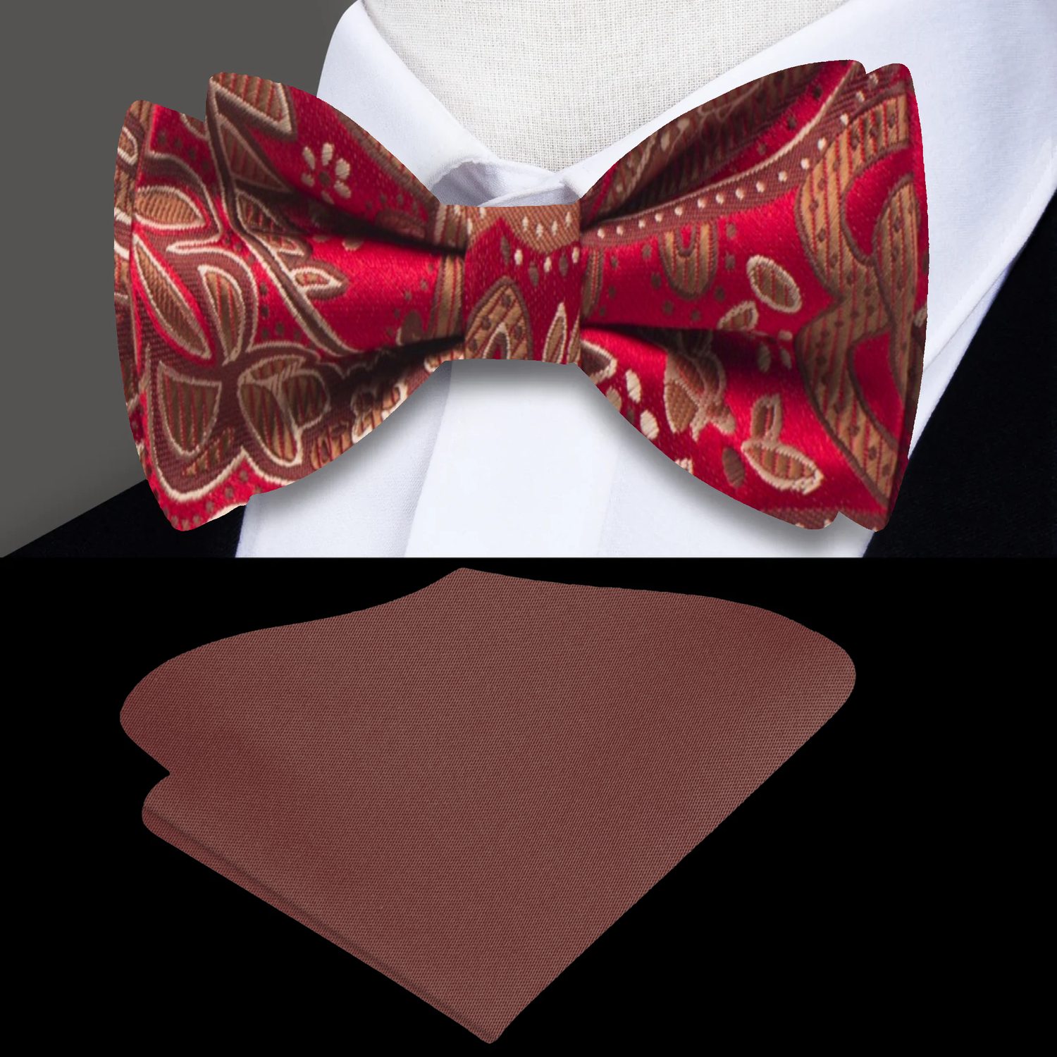A Deep Red, Brown Paisley Pattern Self Tie Bow Tie, Brown Pocket Square