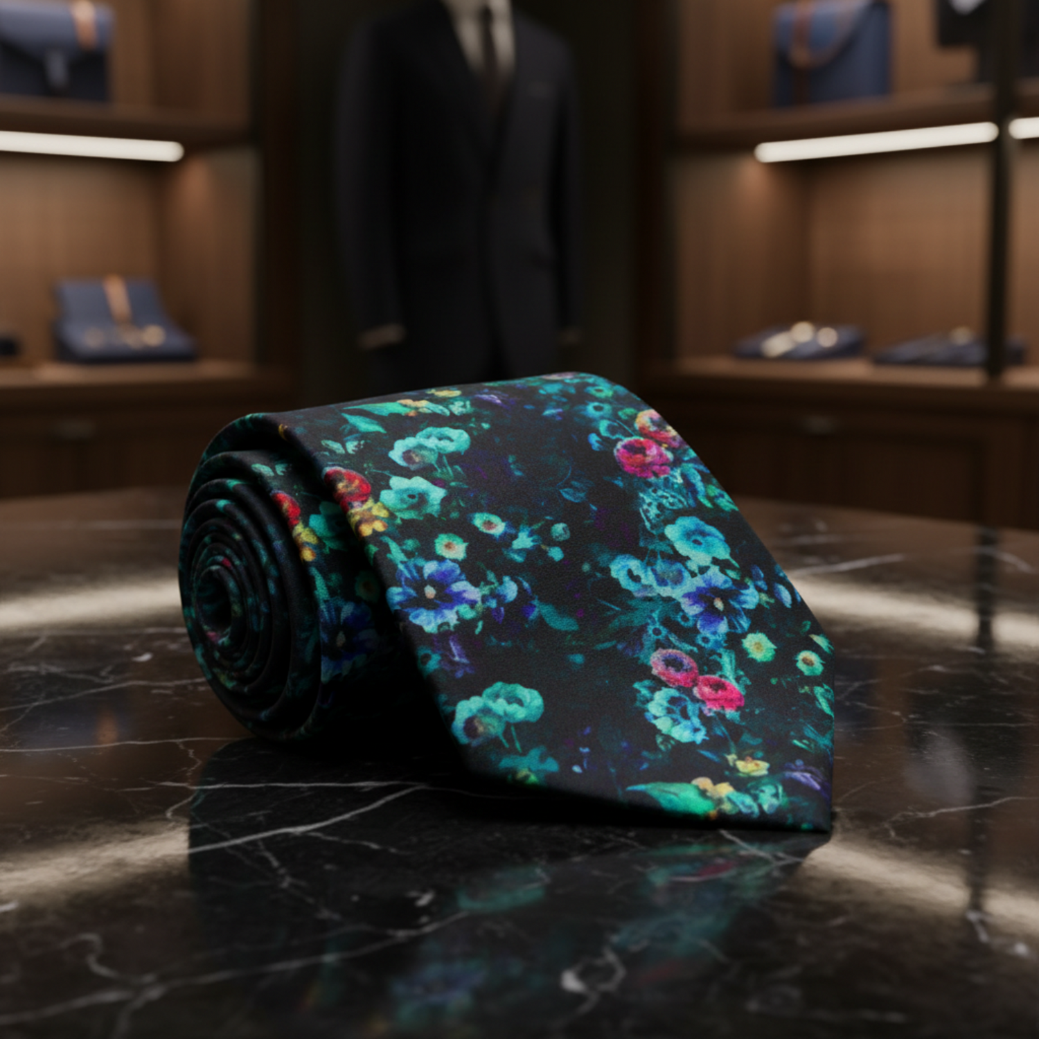 Deep Sacramento Green Light Blue Floral Oil Painting Necktie  