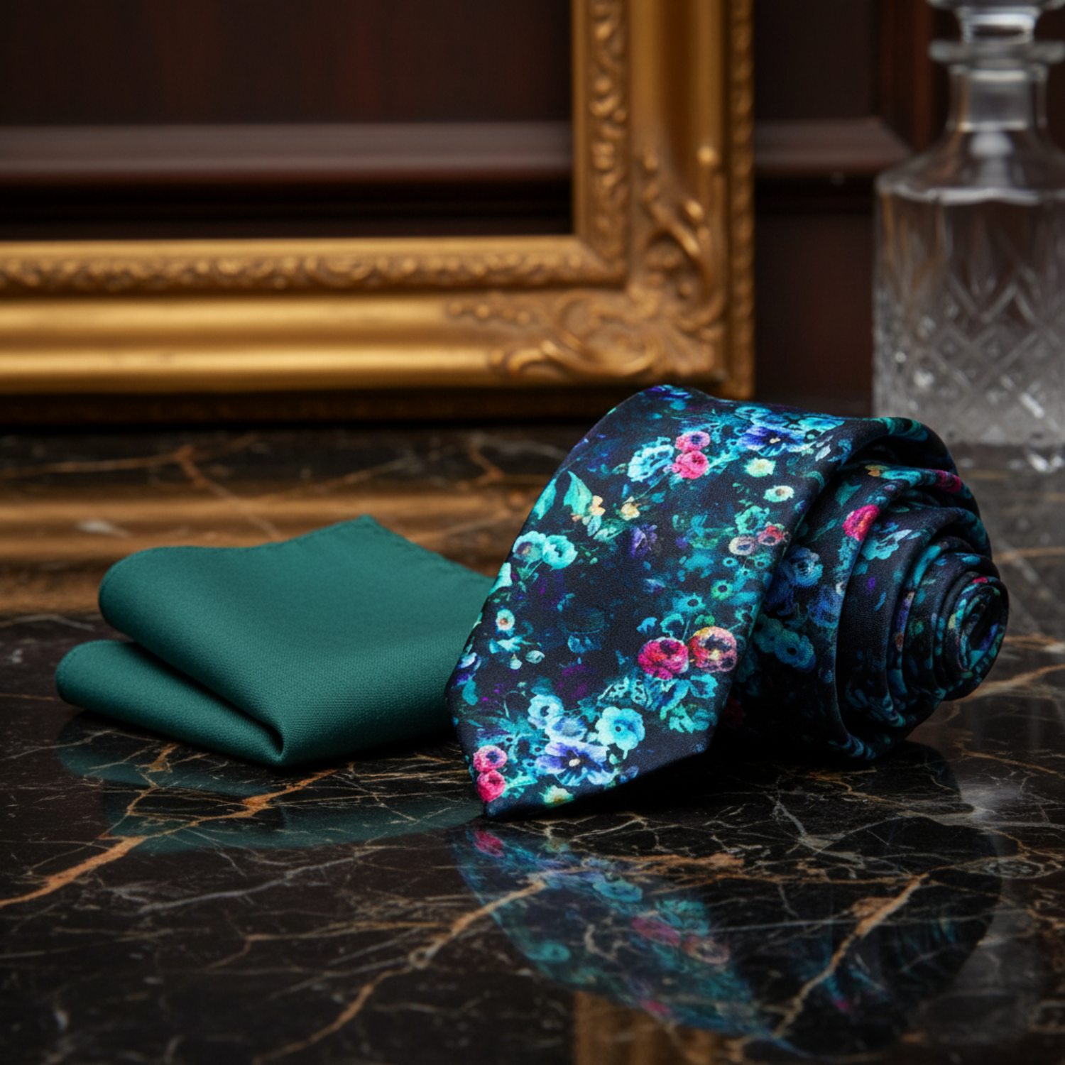 Alt Thin Deep Sacramento Green Light Blue Floral Oil Painting Necktie and Green Square 2