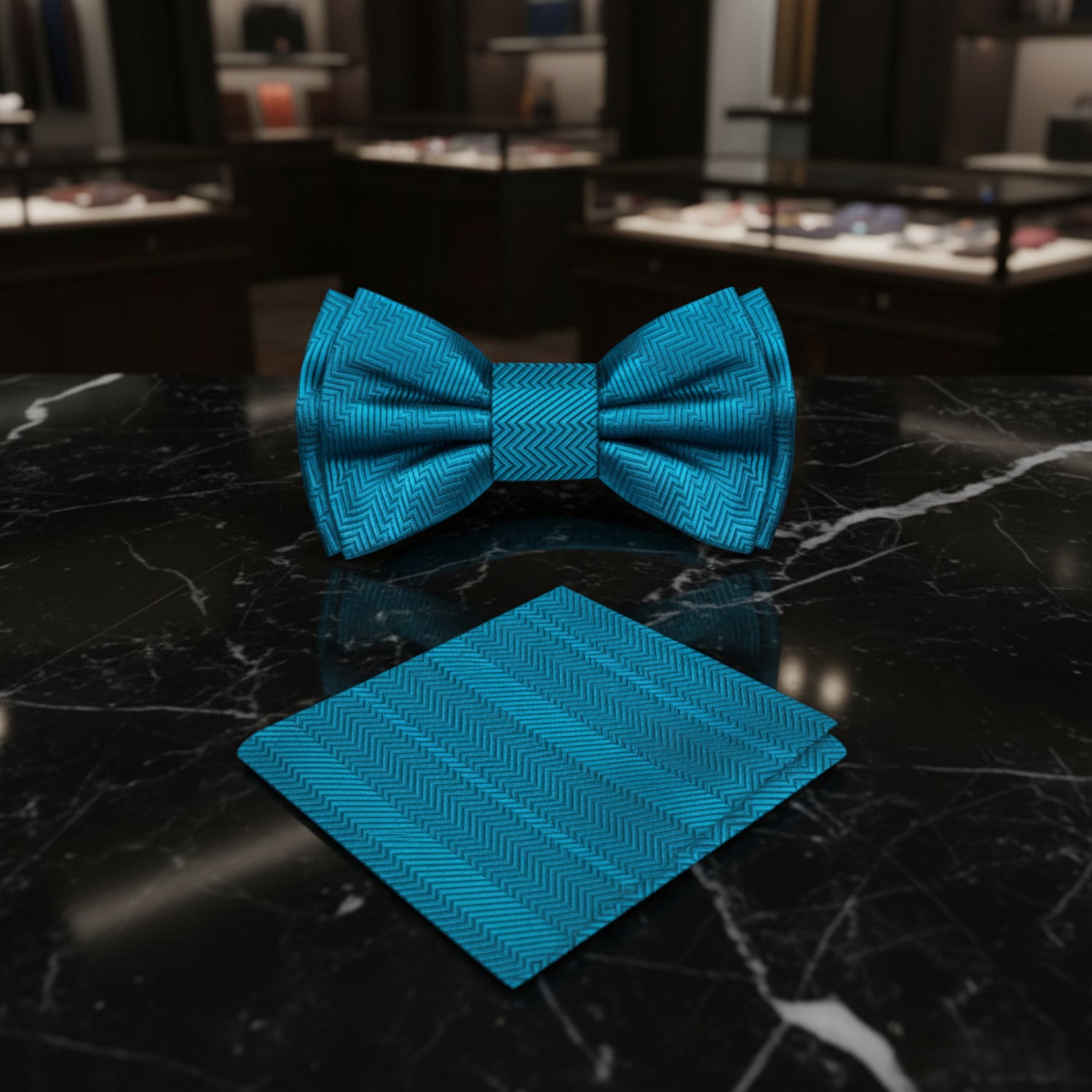 teal bow tie and square on marble