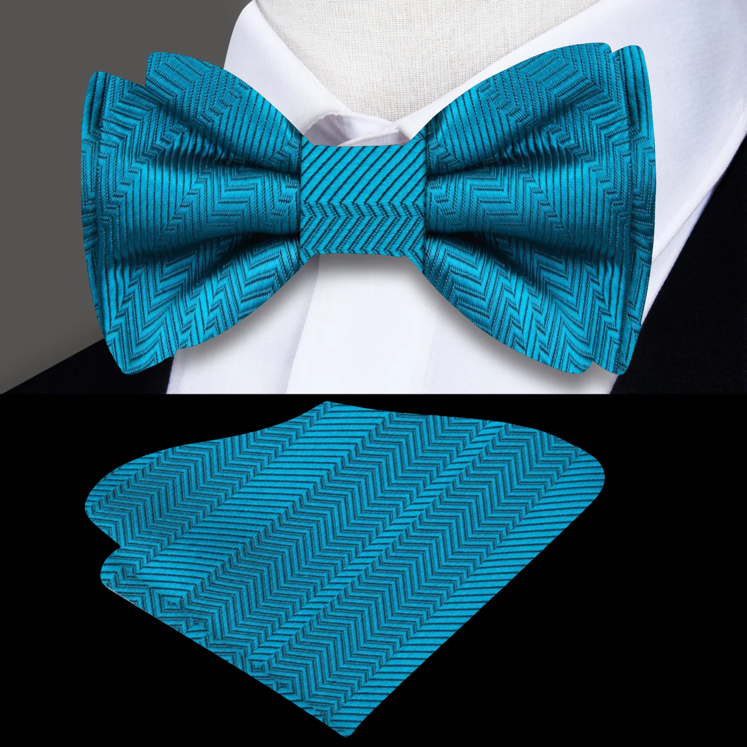 Main: A Deep Teal Green Pattern Silk Self Tie Bow Tie, Matching Pocket Square