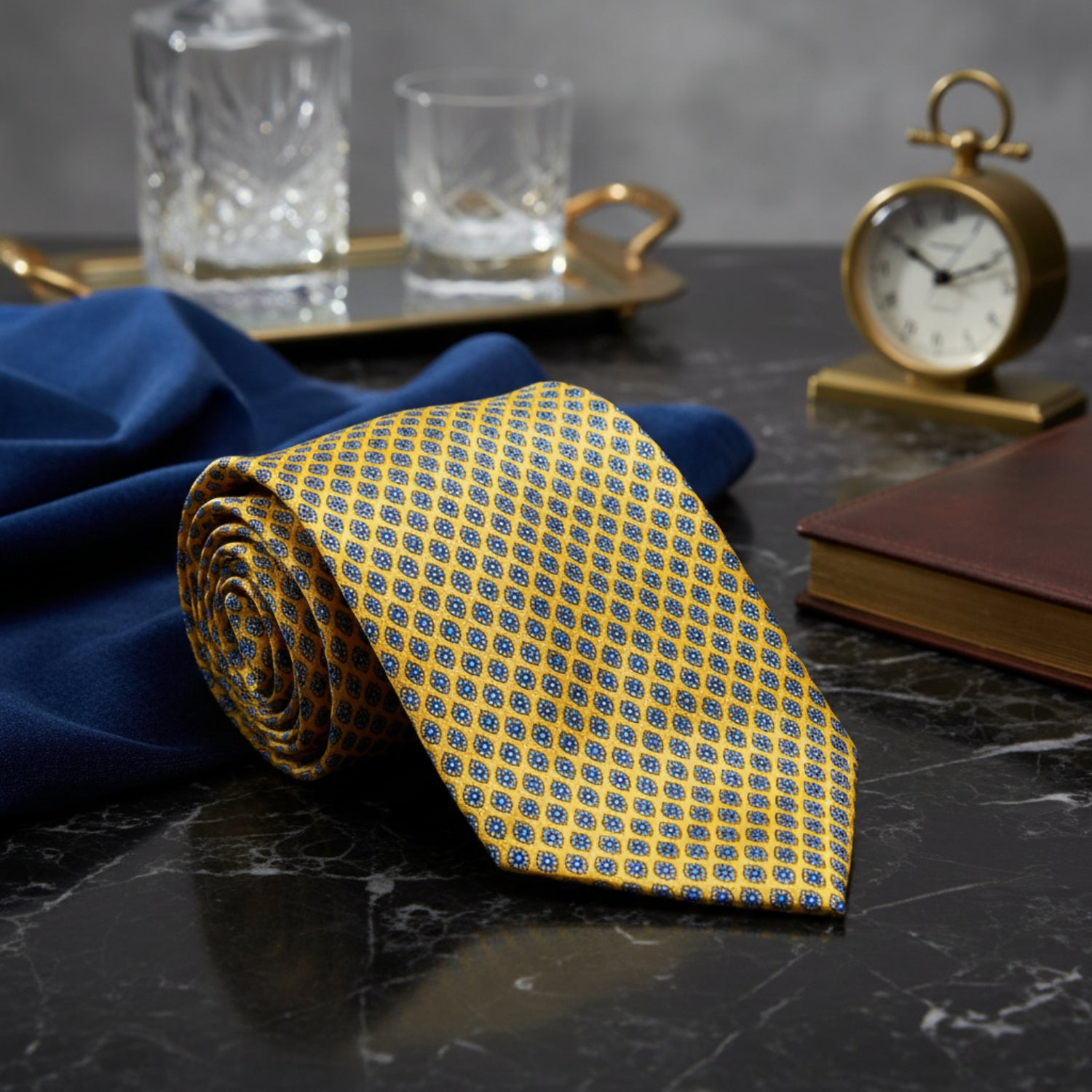 Rich Yellow, Black, Blue Small Medallions Necktie 