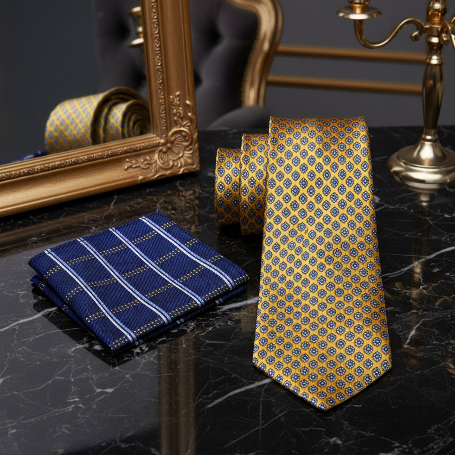 Alt View: Rich Yellow, Black, Blue Small Medallions Necktie and Blue, Yellow White Plaid Square