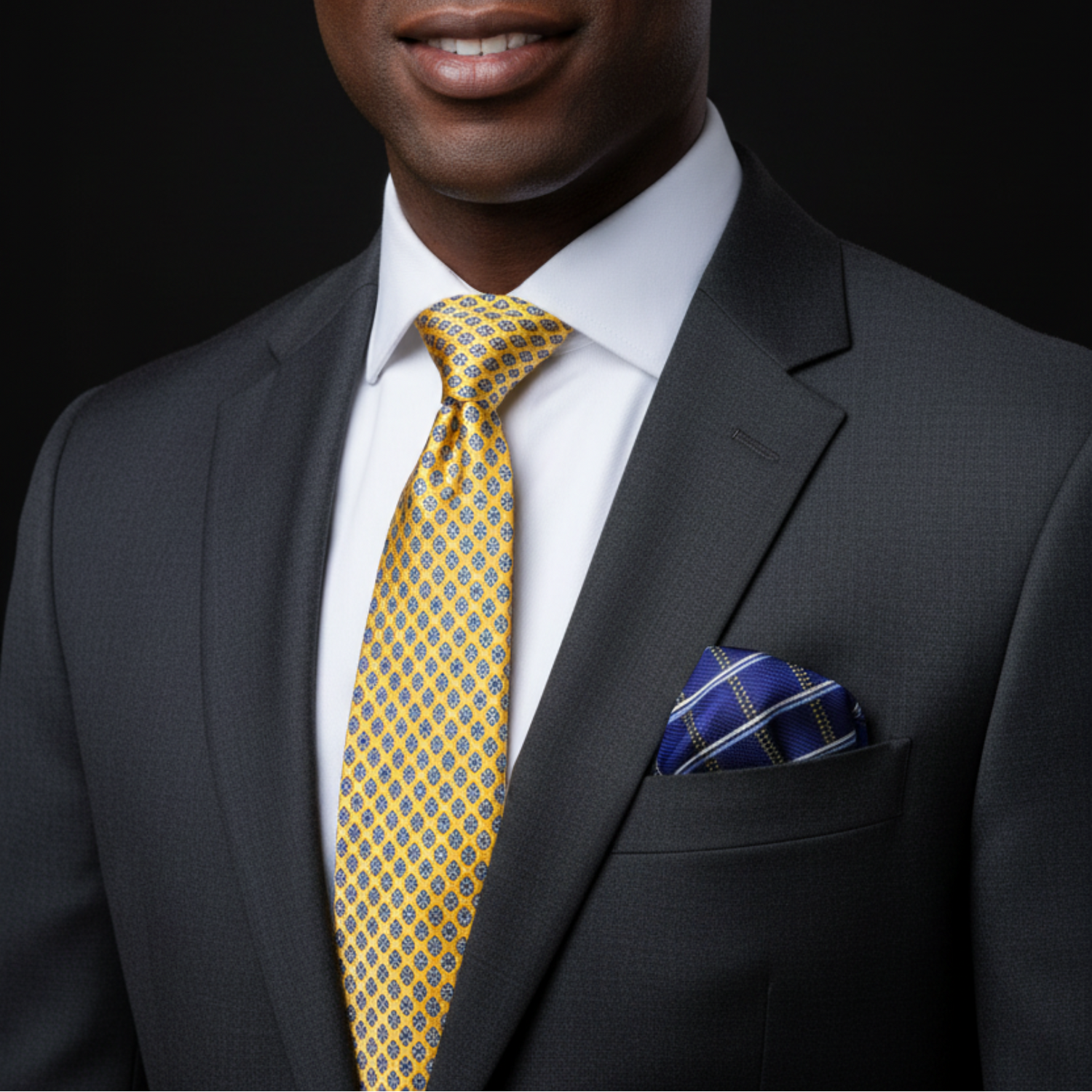 Man wearing a gray suit with a yellow tie and blue pocket square on a black background