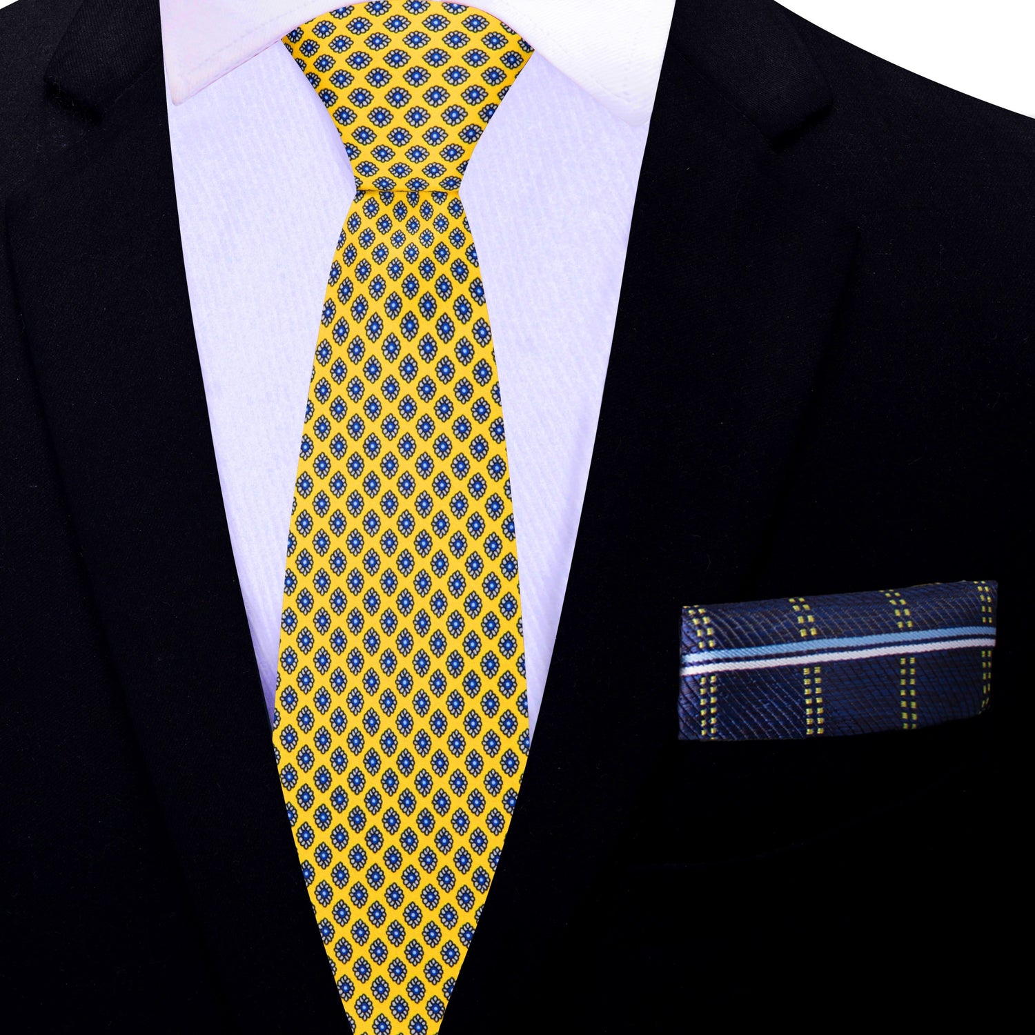 Thin Tie: Rich Yellow, Black, Blue Small Medallions Necktie and Blue, Yellow White Plaid Square