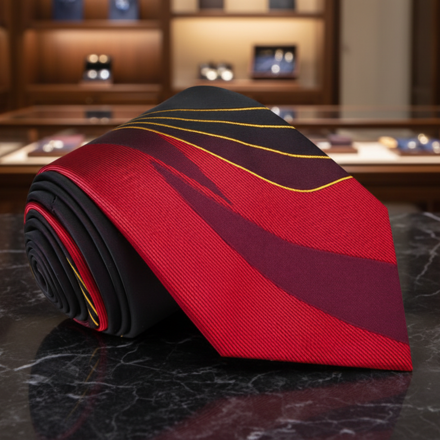 Red and black striped tie on a marble surface with blurred shelves in the background