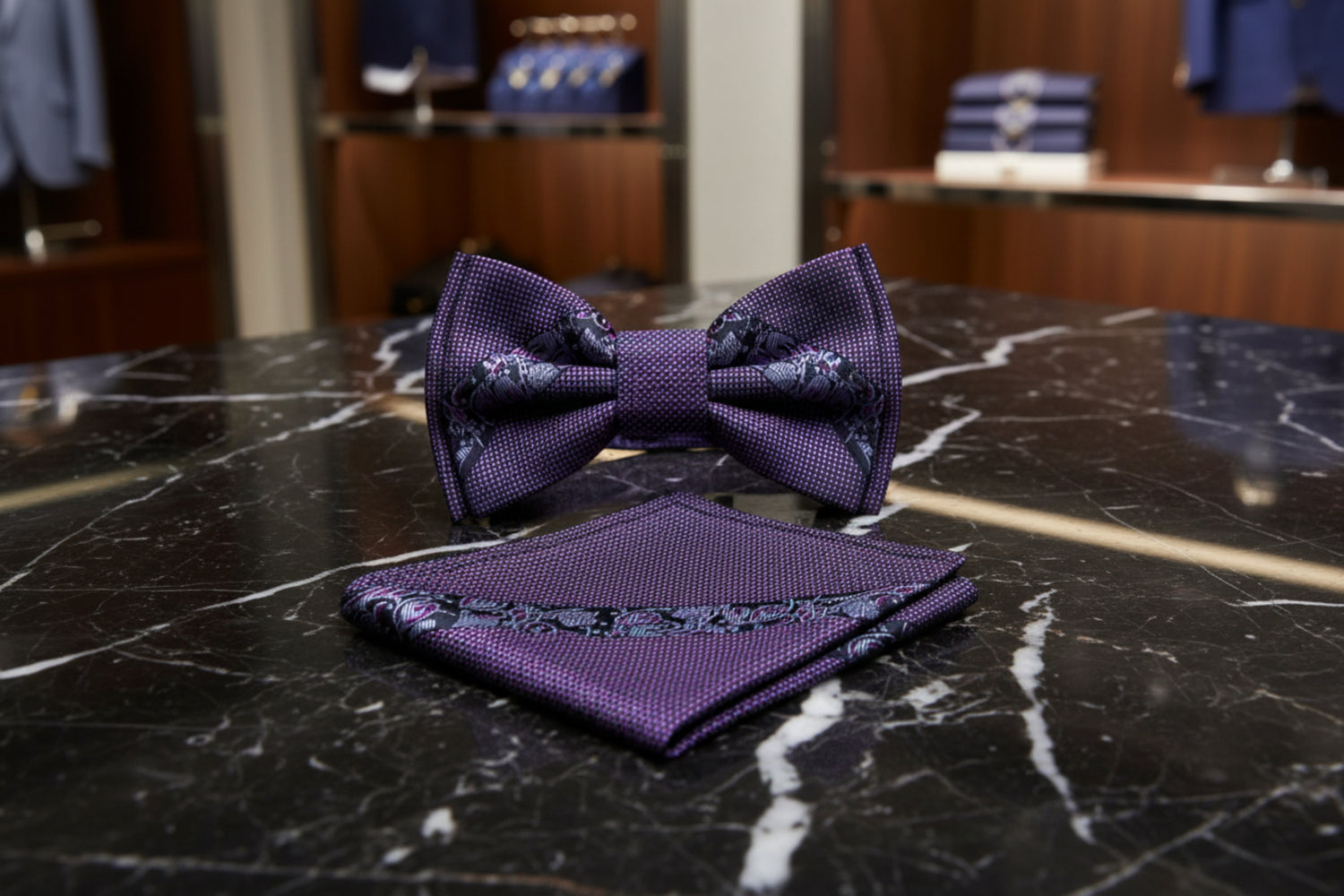 A Metallic Purple, Black Color With Intricate Floral Pattern Kids Pre-Tied Bow Tie, Matching Pocket Square