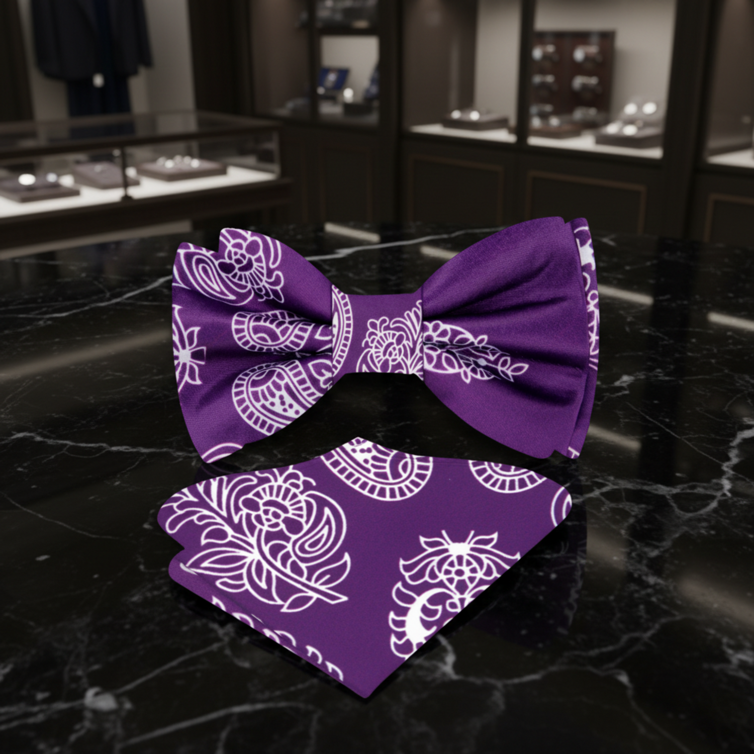Purple, White Paisley Bow Tie and Pocket Square