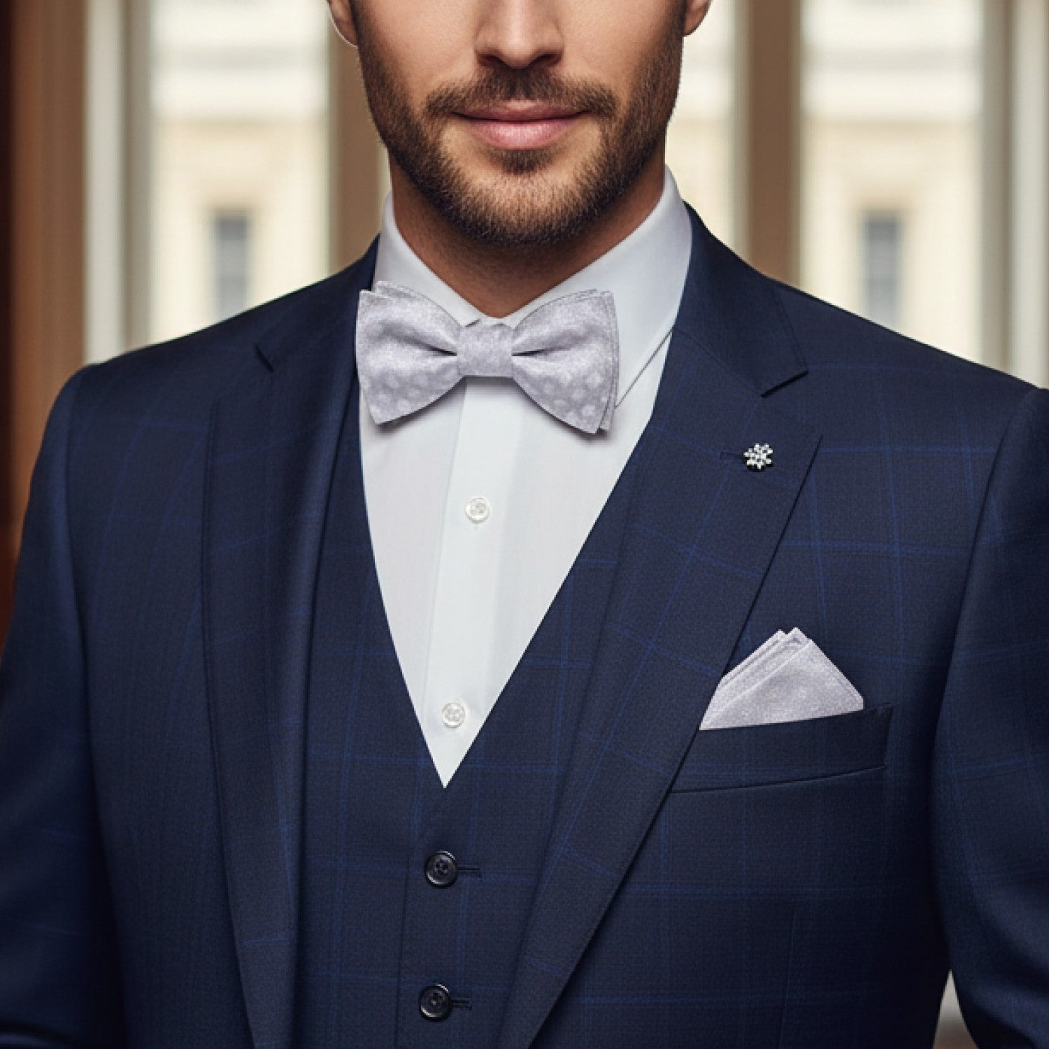Man wearing a navy suit with a white shirt and gray bow tie indoors.