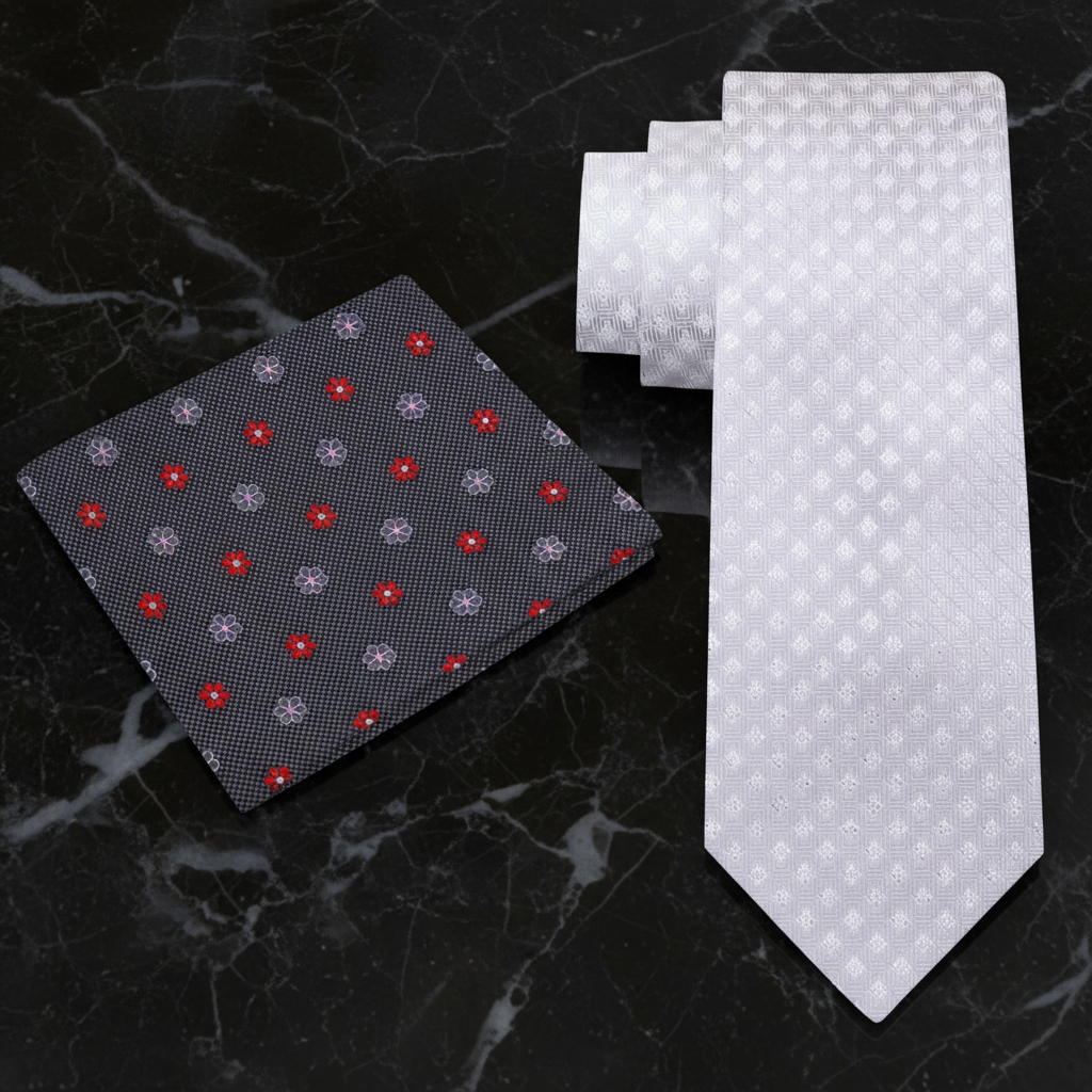 Alt Platinum Check Necktie and Accenting Floral Square