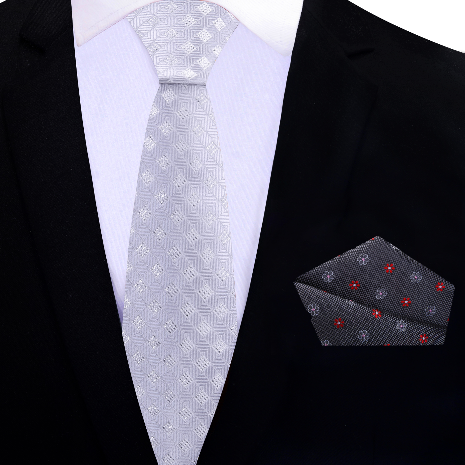 Thin Platinum Check Necktie and Accenting Floral Square