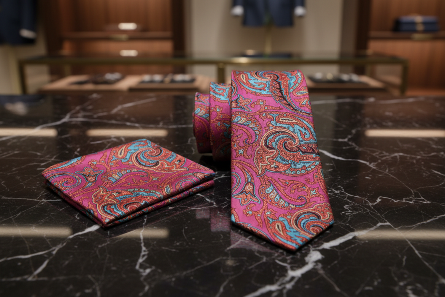 View 2: Pink, Orange Paisley Necktie and Square
