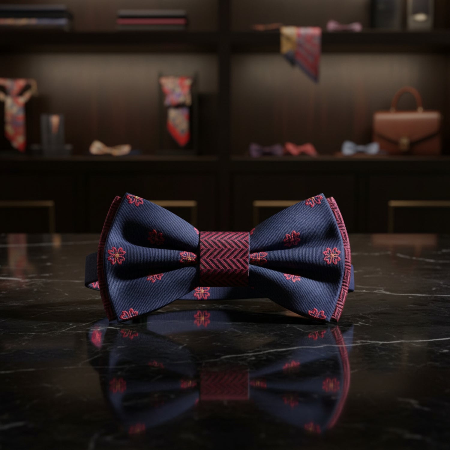 Blue, Red Clovers and Crosshatch Bow Tie Pre Tied