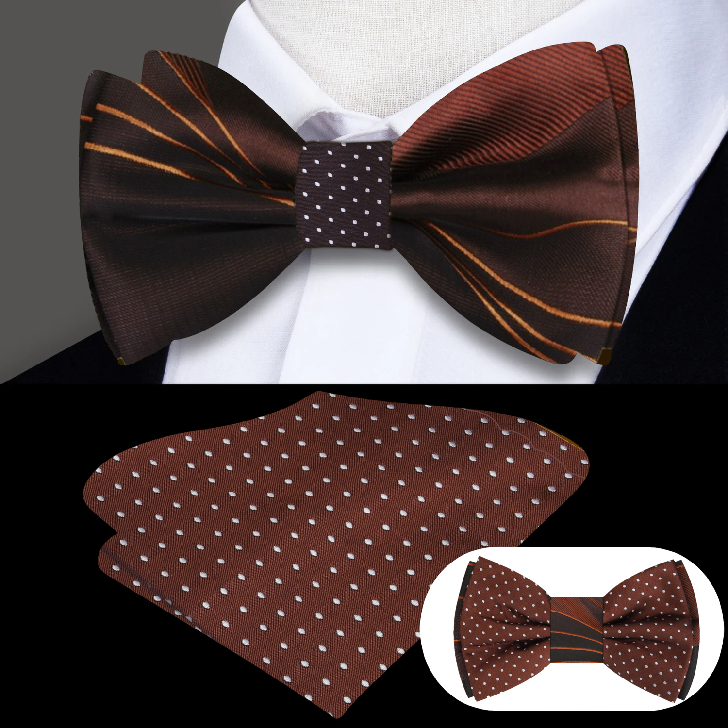Main View Brown Abstract/Polka Bow Tie and Brown Polka Square