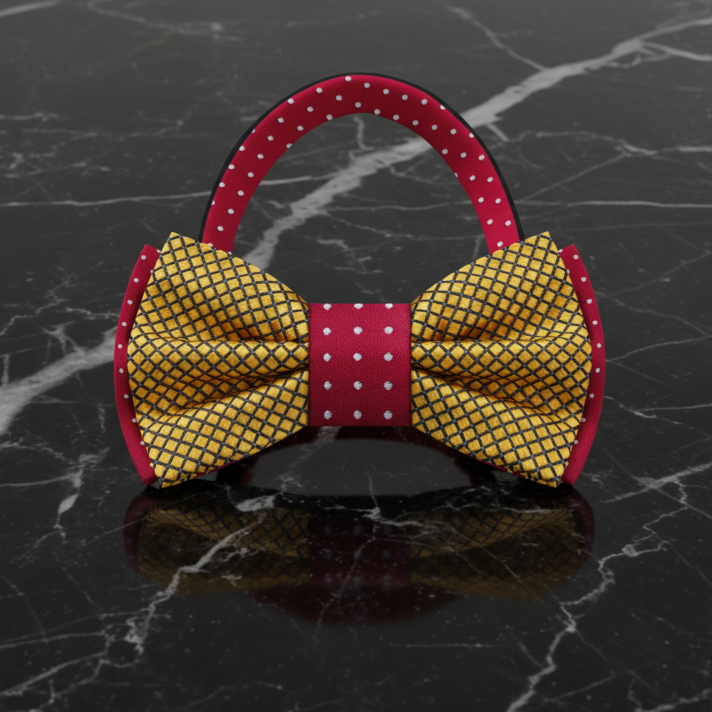 Pre Tied Bow Tie Gold Geometric and Burgundy Polka
