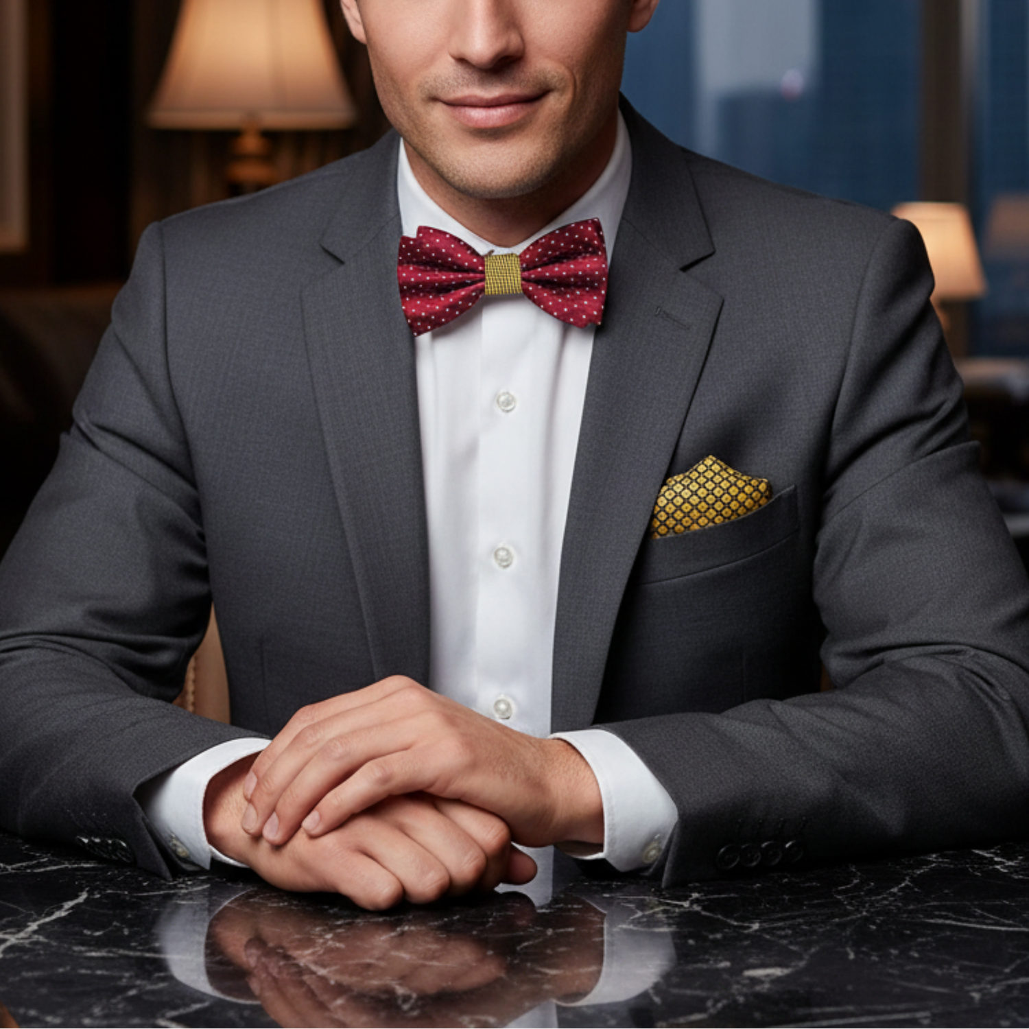Man in a suit with a red bow tie and gold pocket square in an elegant room.