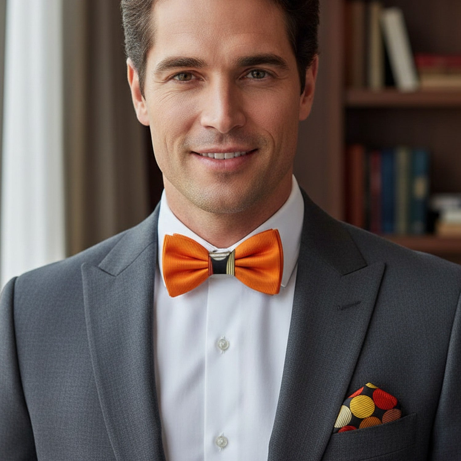 Man wearing a gray suit with an orange bow tie and colorful pocket square, standing indoors.