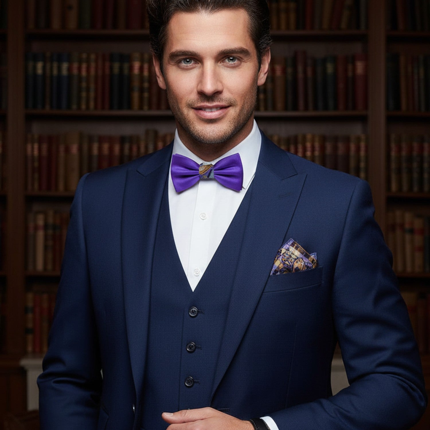 Man in a blue suit with a purple bow tie standing in front of bookshelves.