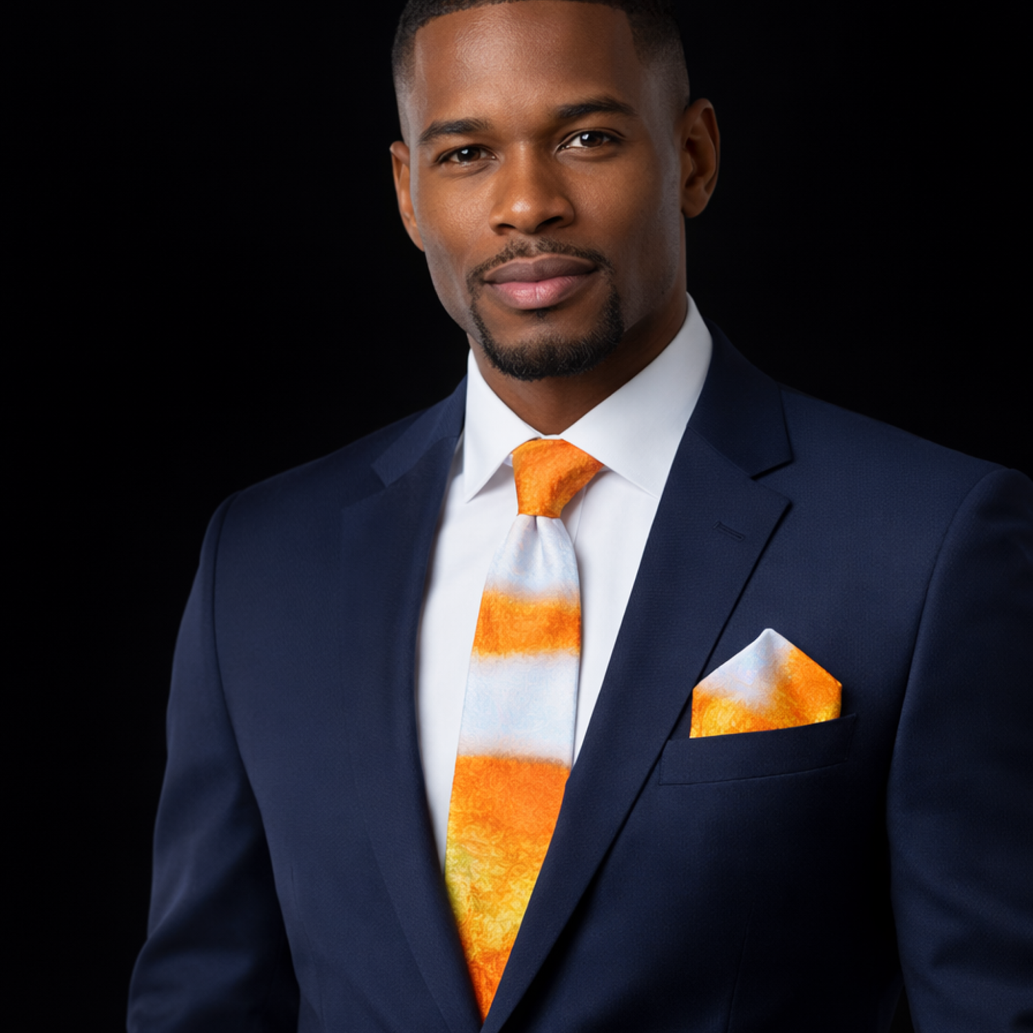 Man wearing a navy suit with an orange and white striped tie and matching pocket square on a black background