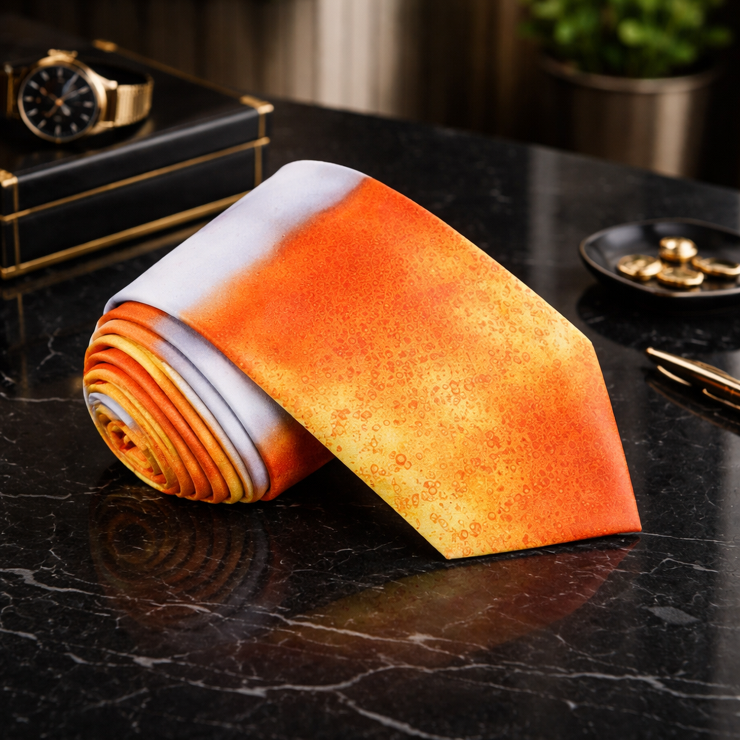 Orange and white patterned tie on a dark marble surface with a watch and keys in the background.