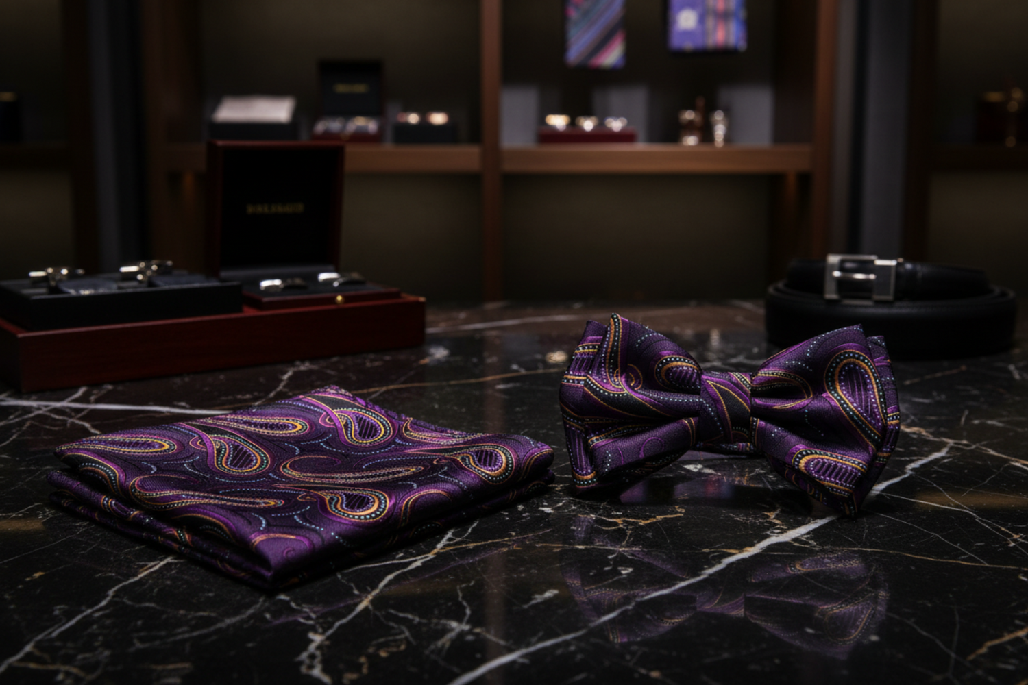 A matching men's formal accessory set featuring a purple paisley patterned pocket square and a matching self-tie bow tie, displayed on a clean white background.