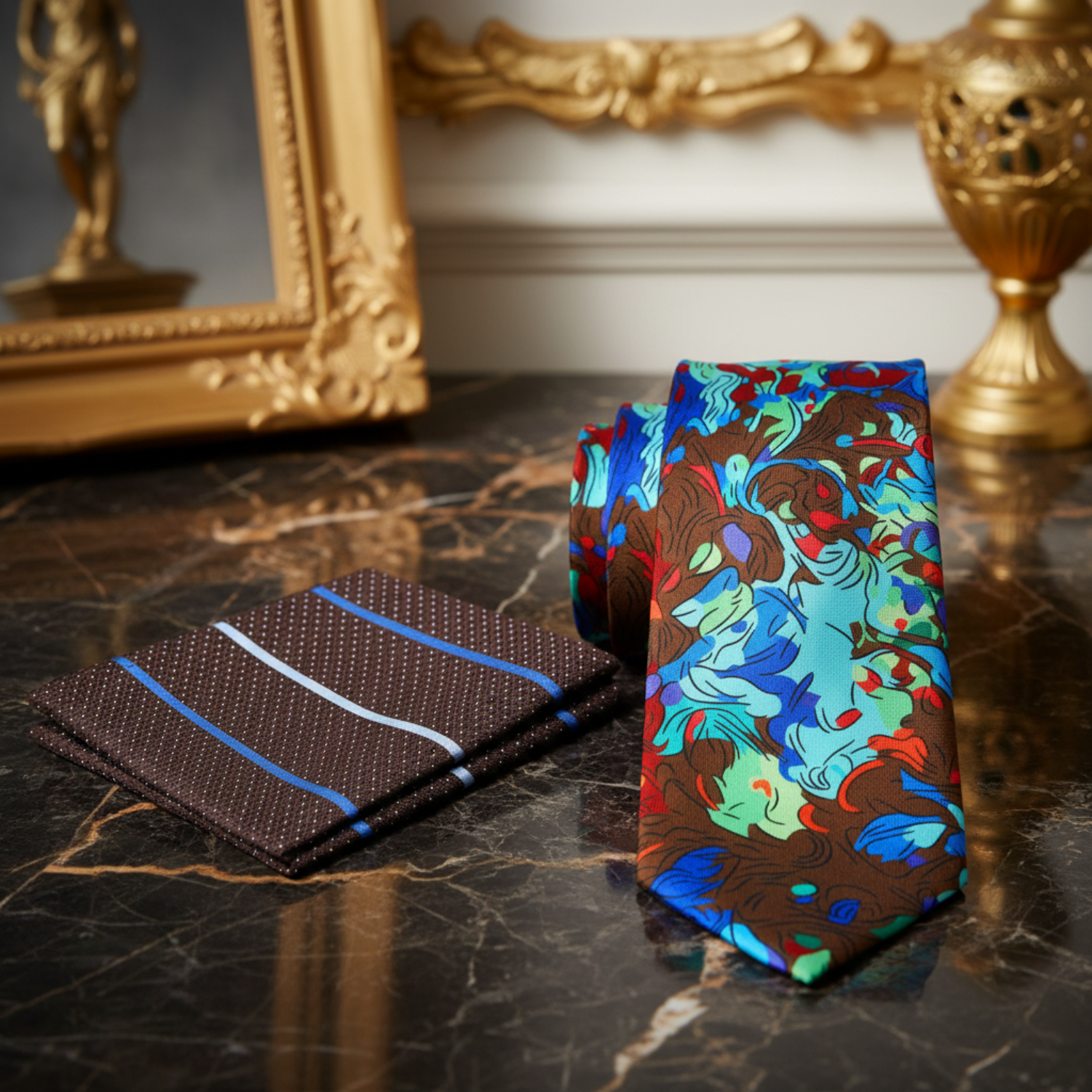 Alt Brown, Red, Blue, Green Abstract Necktie and Square