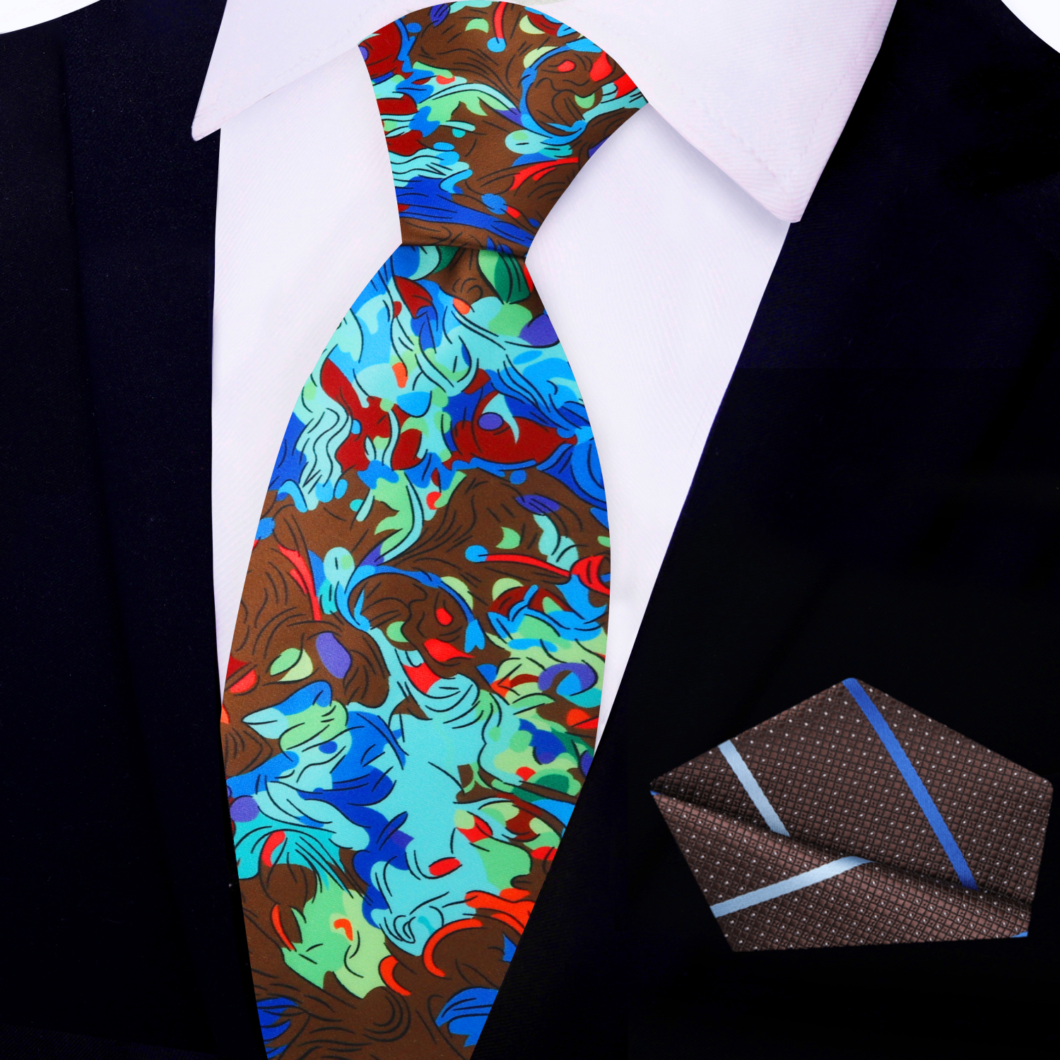 Main Brown, Red, Blue, Green Abstract Necktie and Square