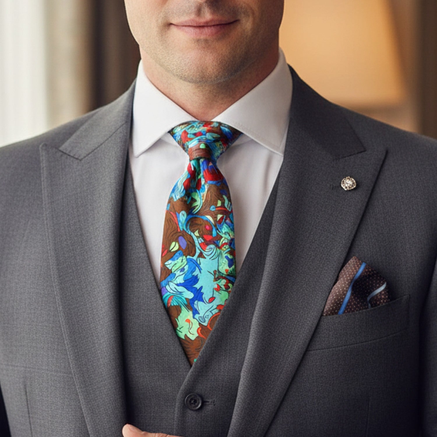 Man wearing a gray suit with a colorful tie and pocket square.