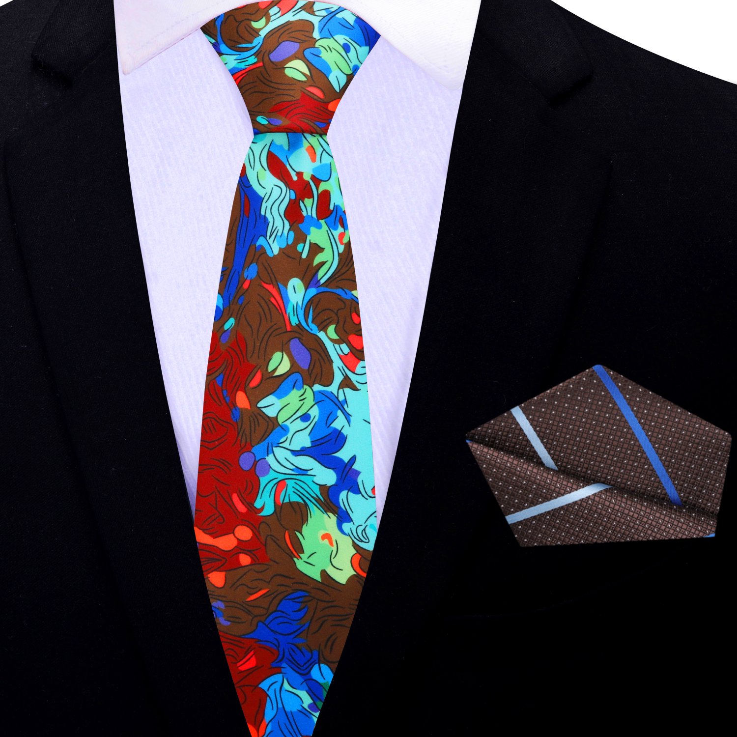Thin Brown, Red, Blue, Green Abstract Necktie and Square