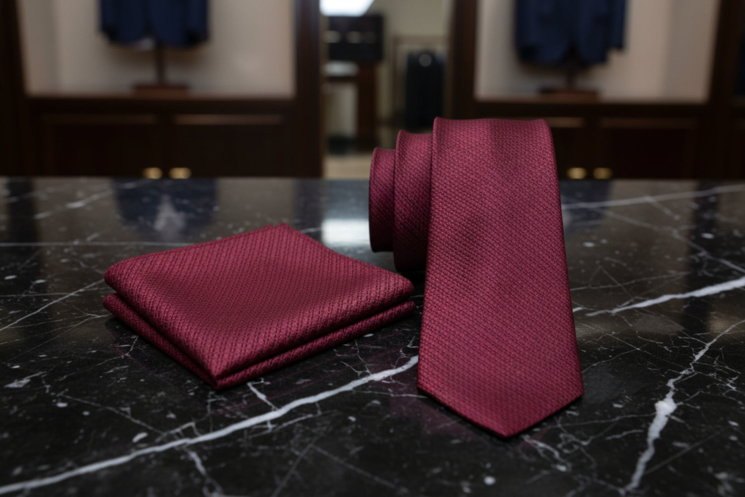 Deep red necktie and square on marble