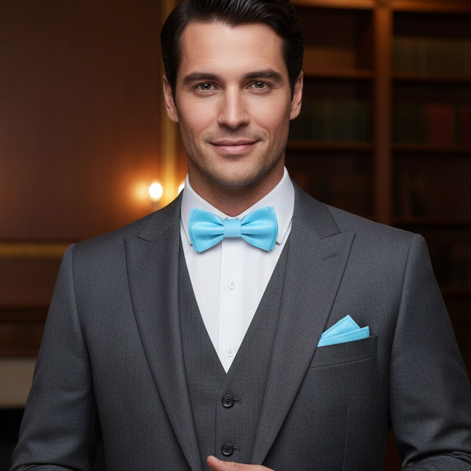 Man wearing a gray suit with a blue bow tie and pocket square in an indoor setting.