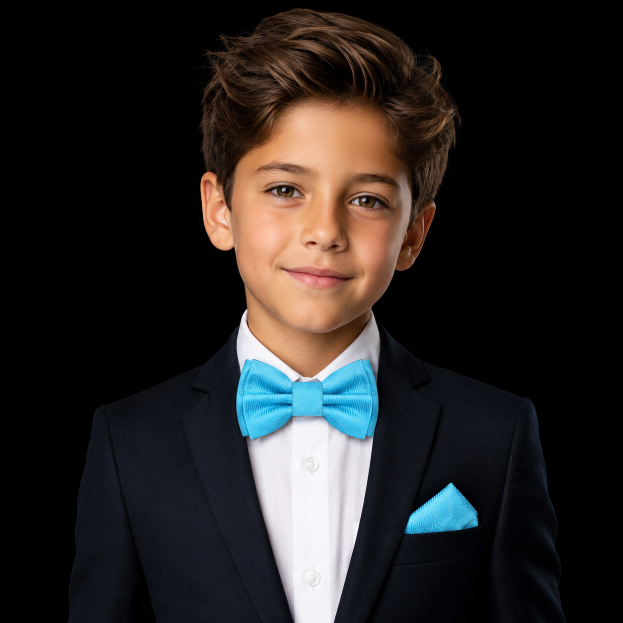 A young boy with brown hair wearing a navy blue suit, white dress shirt, a bright turquoise blue bow tie, and a matching pocket square, set against a solid black background.