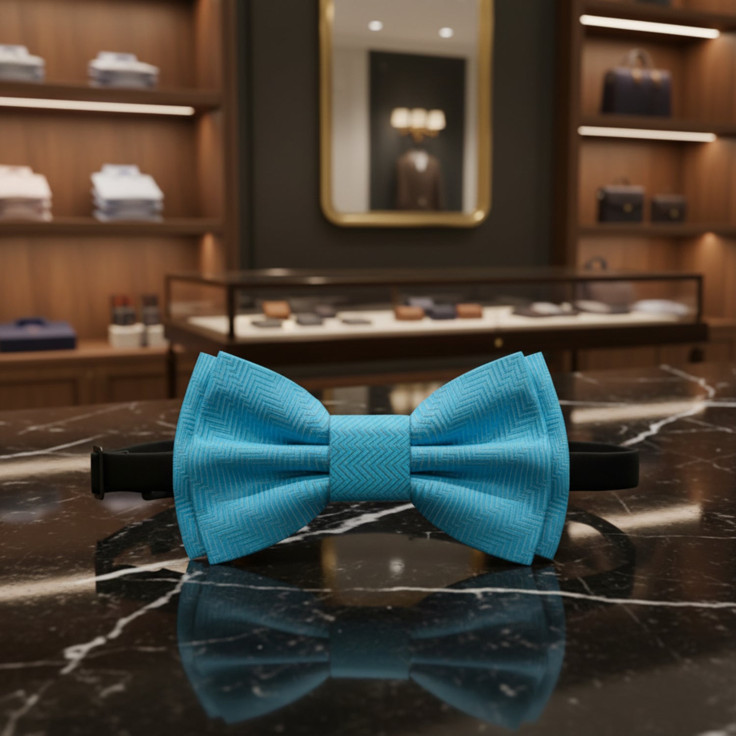 Blue bow tie on a marble surface with a blurred background