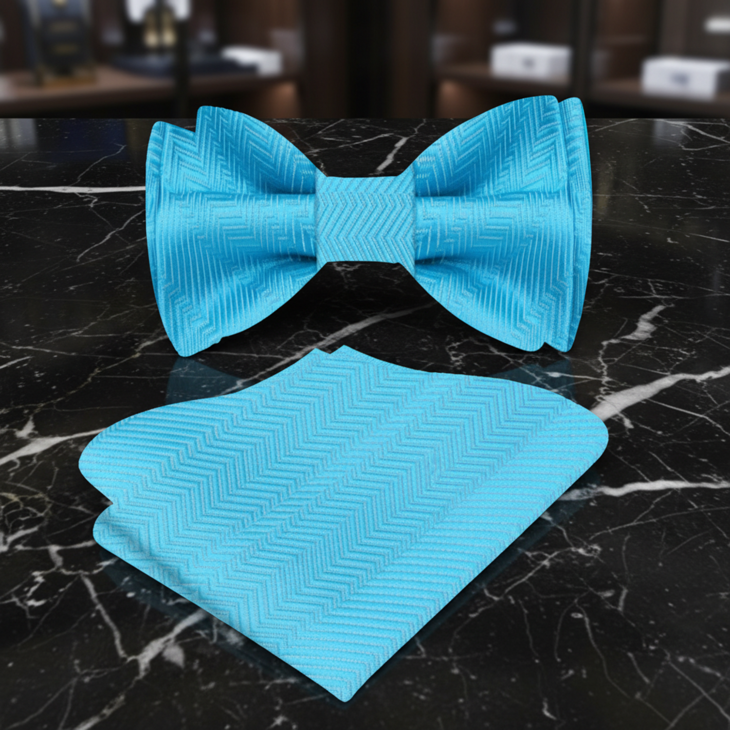 Main: A Solid Electric Blue Pattern Self Tie Bow Tie, Matching Pocket Square||Electric Blue
