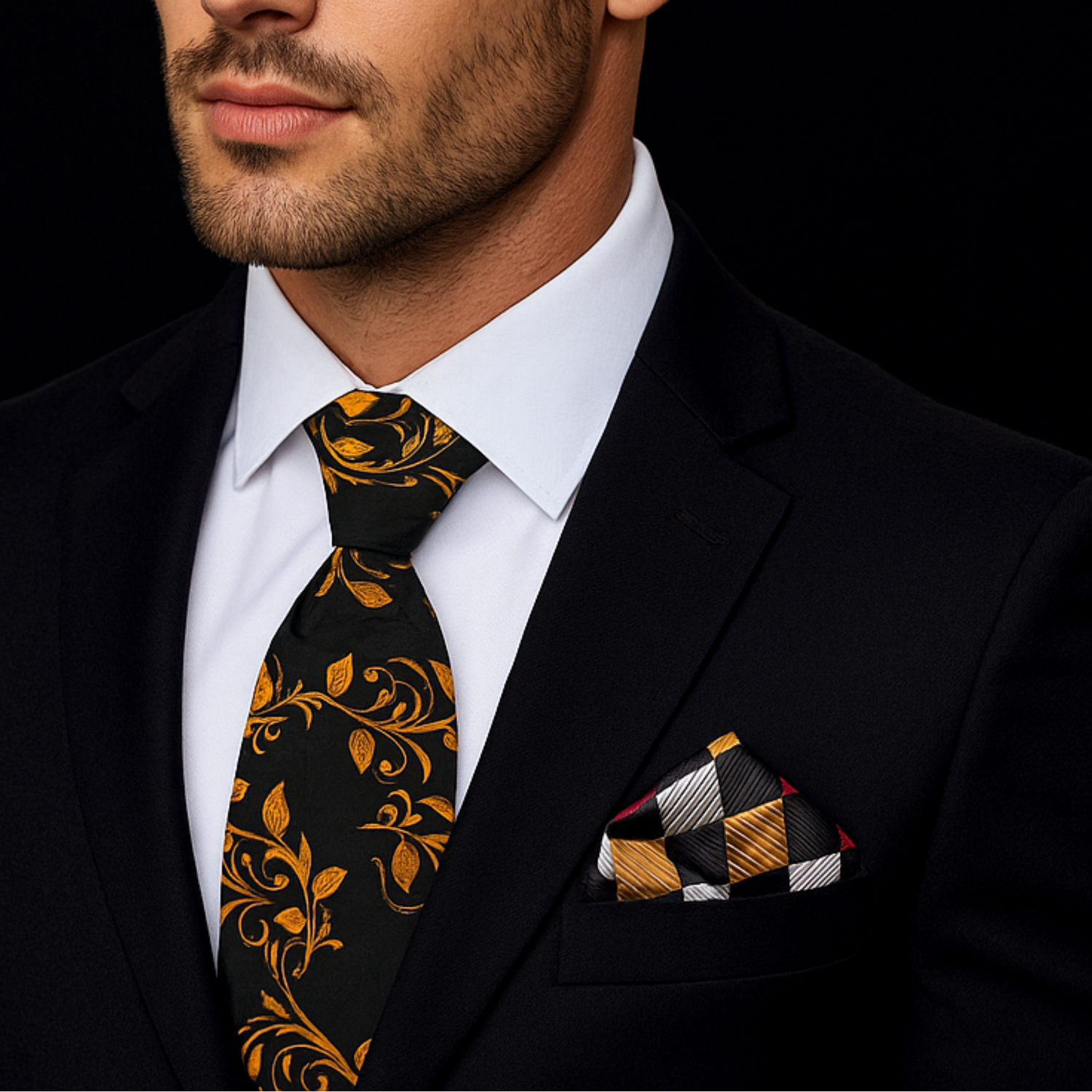 Man wearing a black suit with a patterned tie and pocket square on a dark background