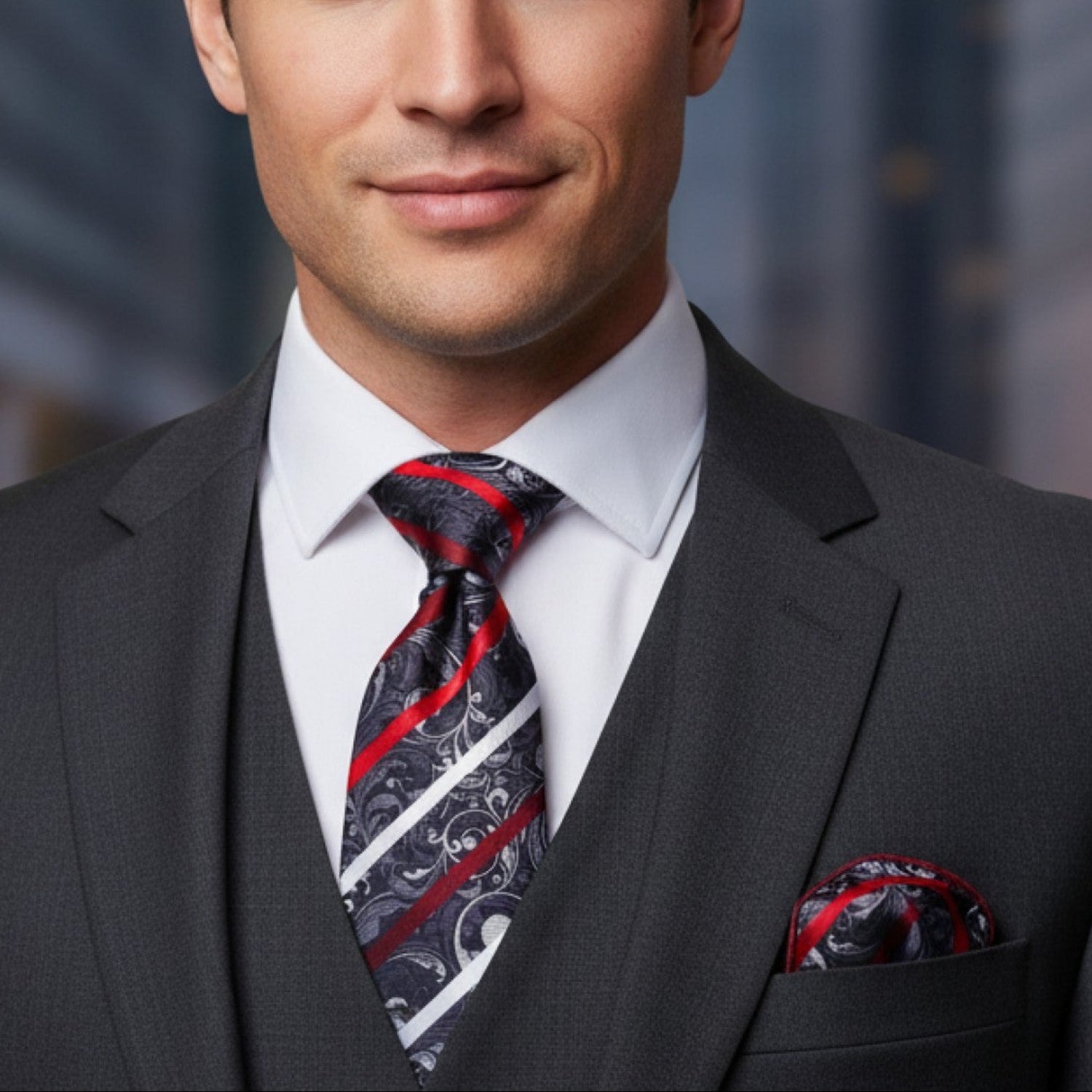 Man wearing a gray suit with a patterned tie and pocket square against a blurred cityscape background