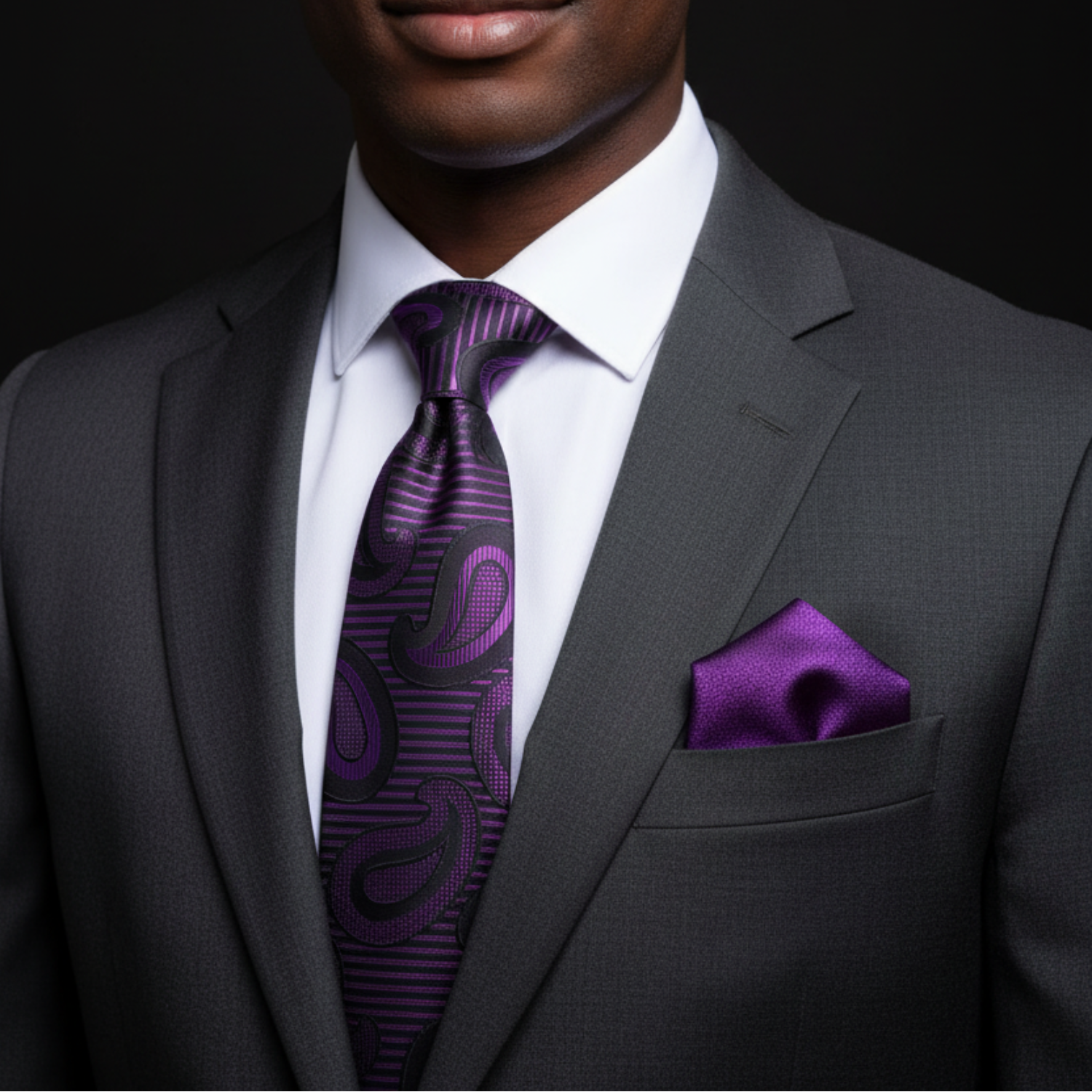 Man wearing a gray suit with a purple paisley tie and purple pocket square on a black background