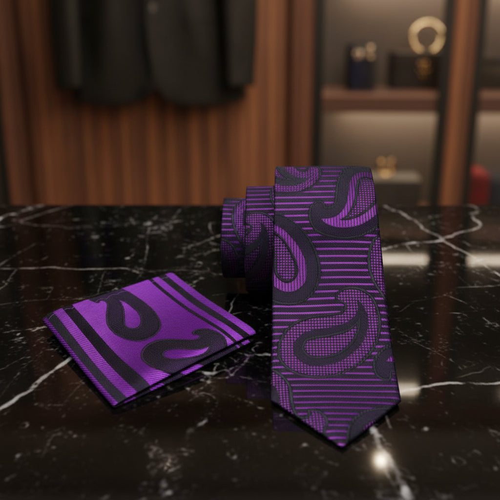 Purple & Black Paisley Necktie | Bold Pattern with Modern Depth