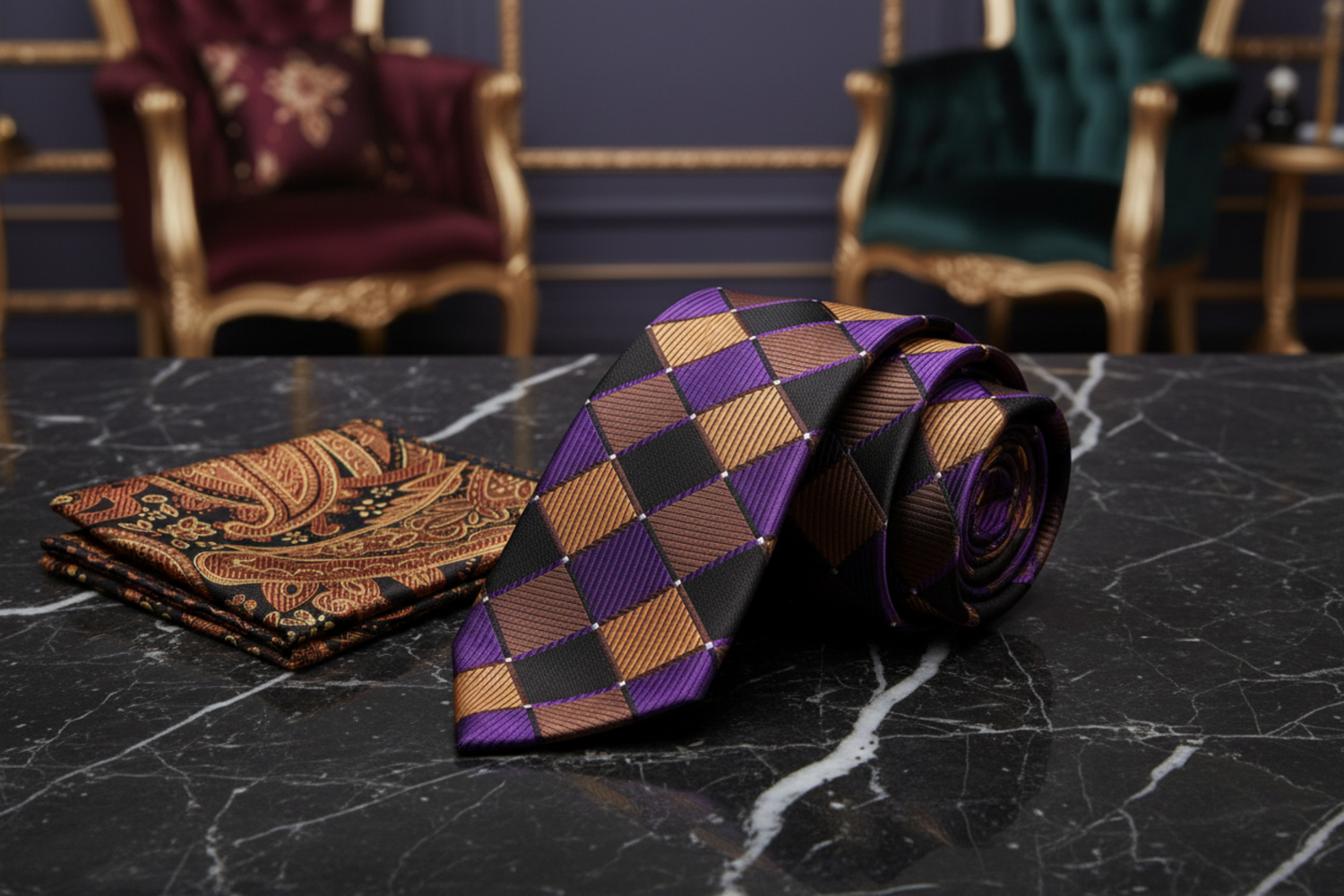 Alt Fast Break Gold Purple Brown Check Necktie and Accenting paisley Handkerchief