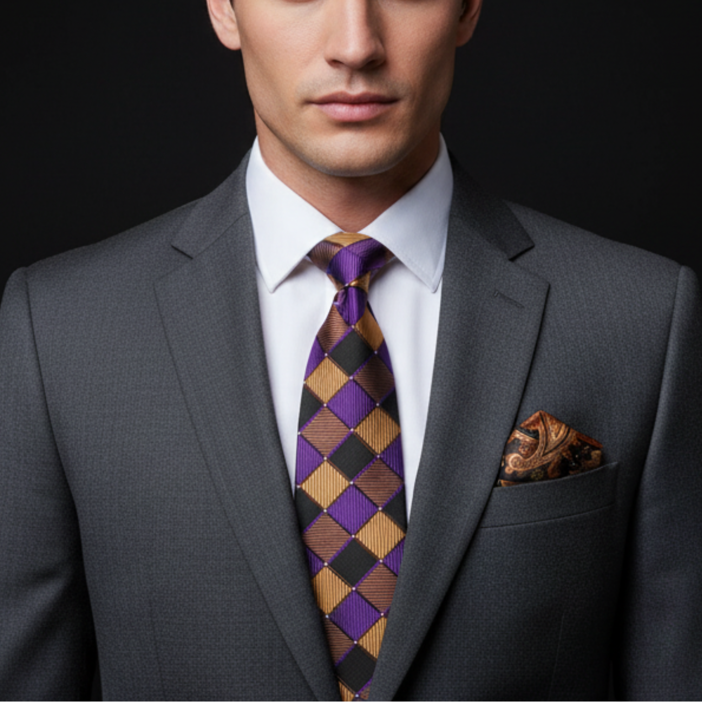 Gold, Purple & Brown Geometric Diamond Necktie | Luxurious Color, Modern Structure