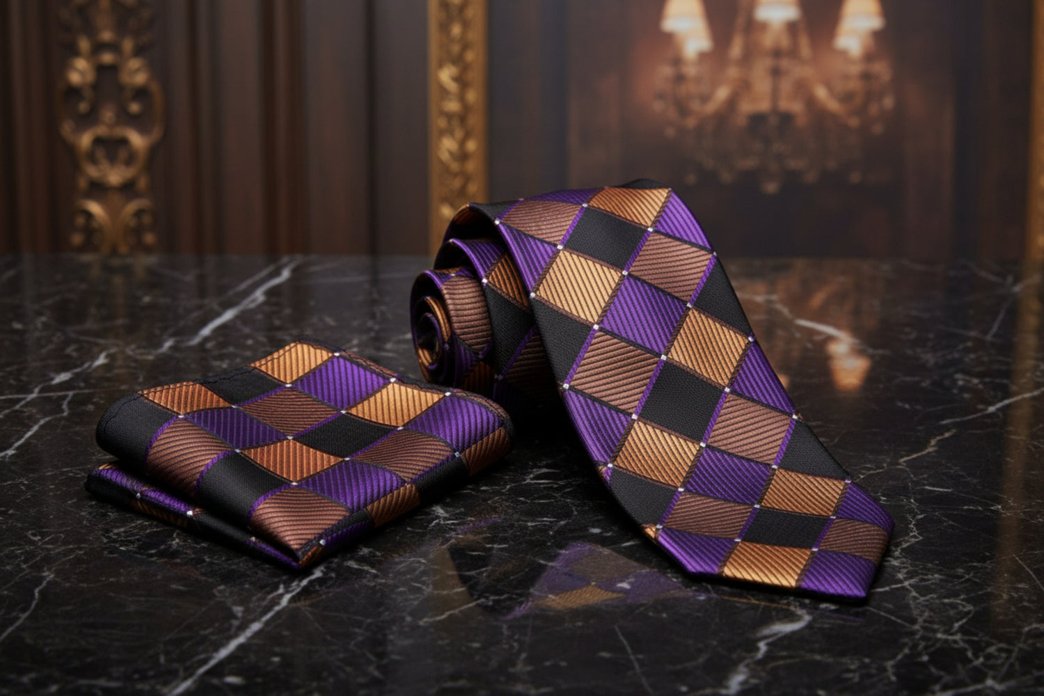 Alt Gold Brown Purple Check Tie and Matching Square