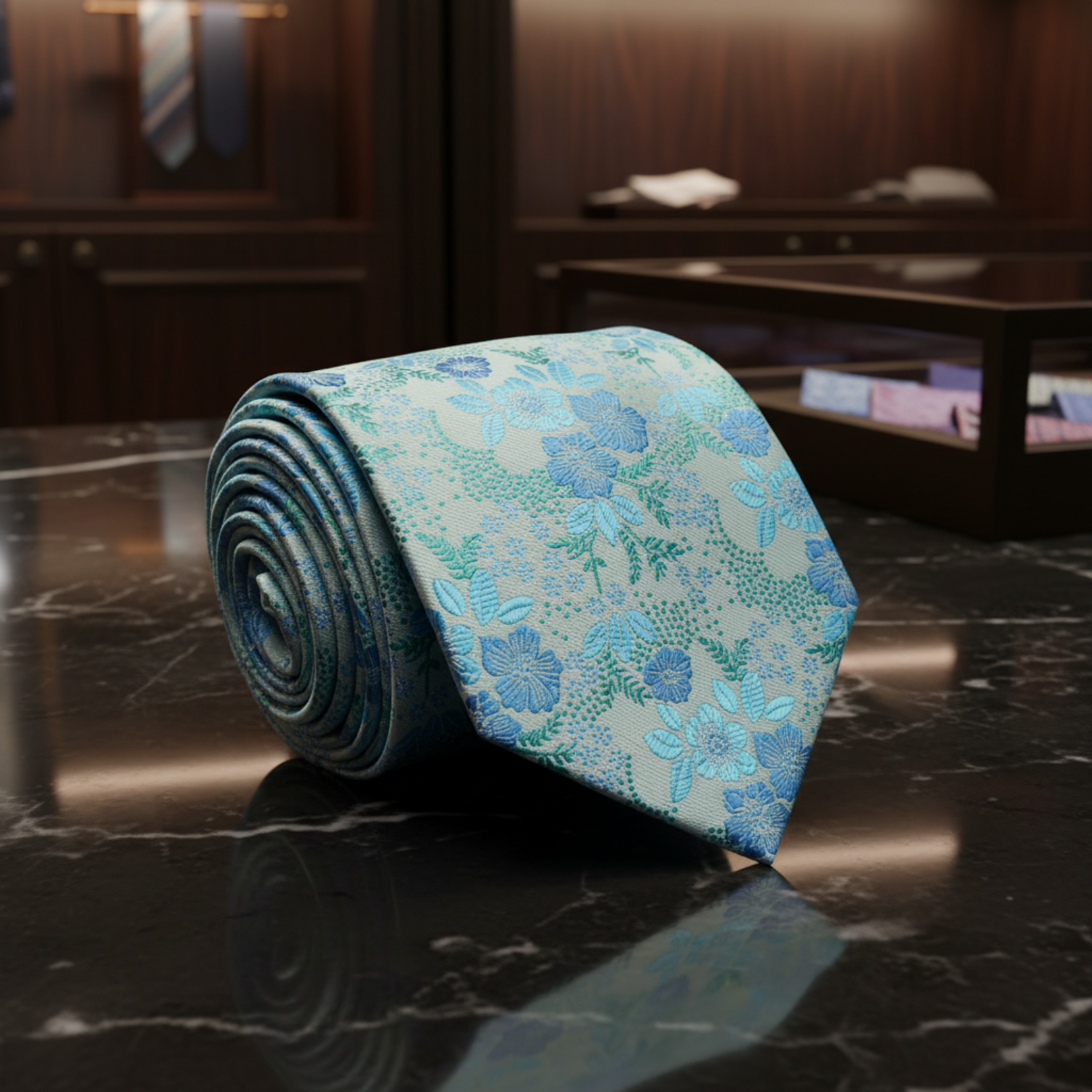 Rolled-up blue floral tie on a white background