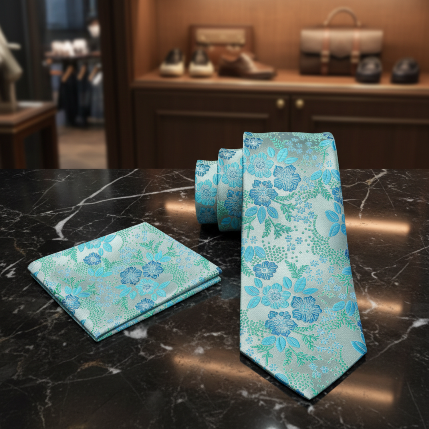 Aqua Floral Necktie and Square