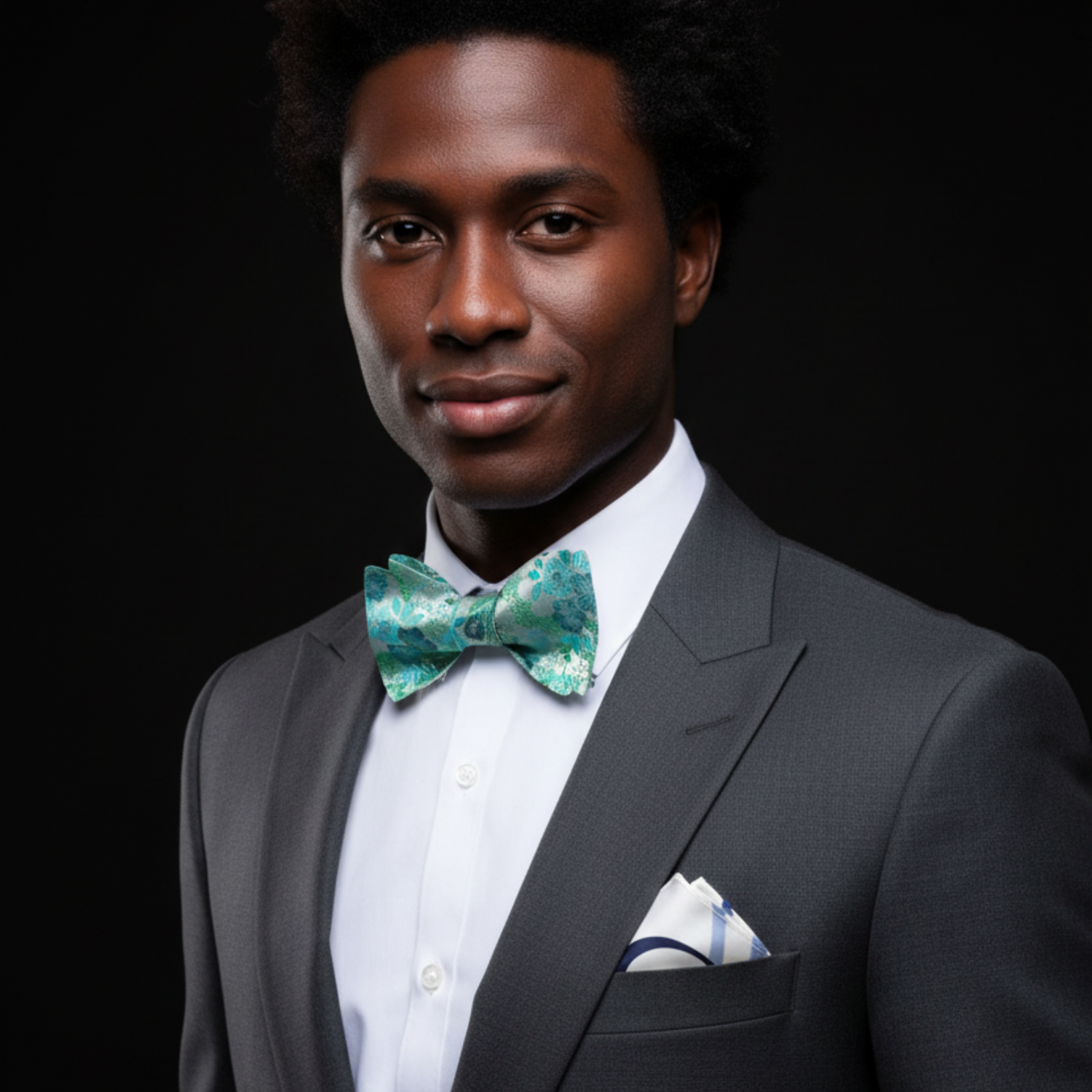 A man in a dark gray suit, white dress shirt, and a green and blue patterned bow tie, photographed against a solid black background.